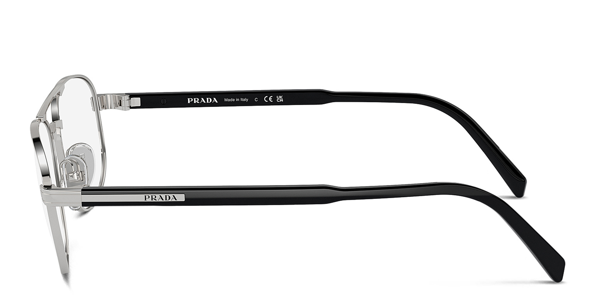 Shop PRADA Logo Wide Oval Eyeglasses in Silver online.