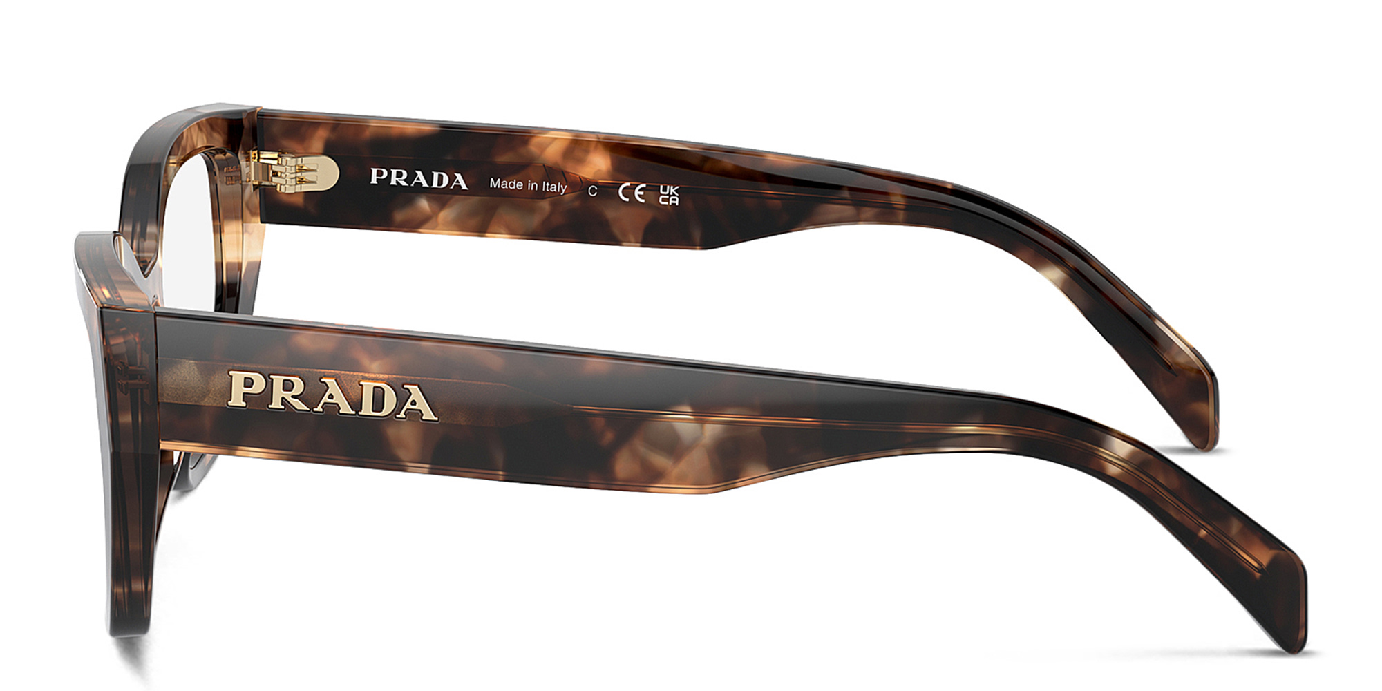 Shop PRADA Logo Irregular Eyeglasses in Caramel Tortoise online.