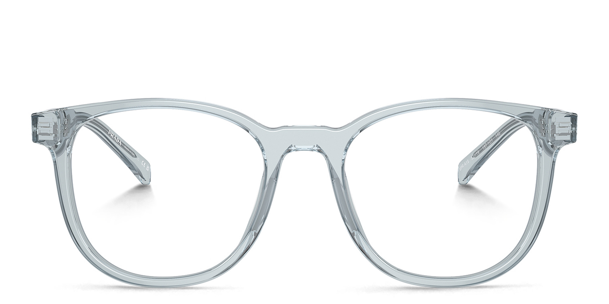 Shop PRADA Logo Panthos Eyeglasses in Transparent Azure online.
