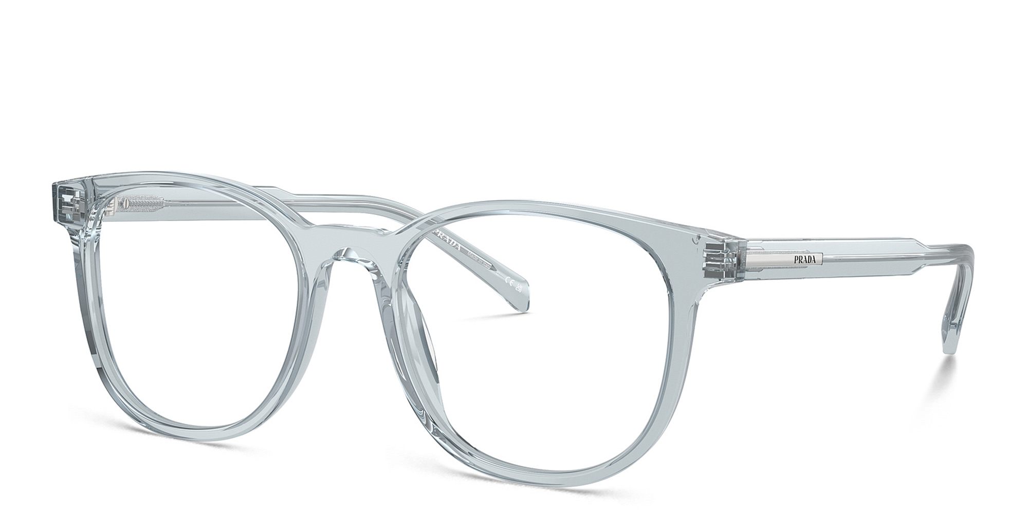 Shop PRADA Logo Panthos Eyeglasses in Transparent Azure online.