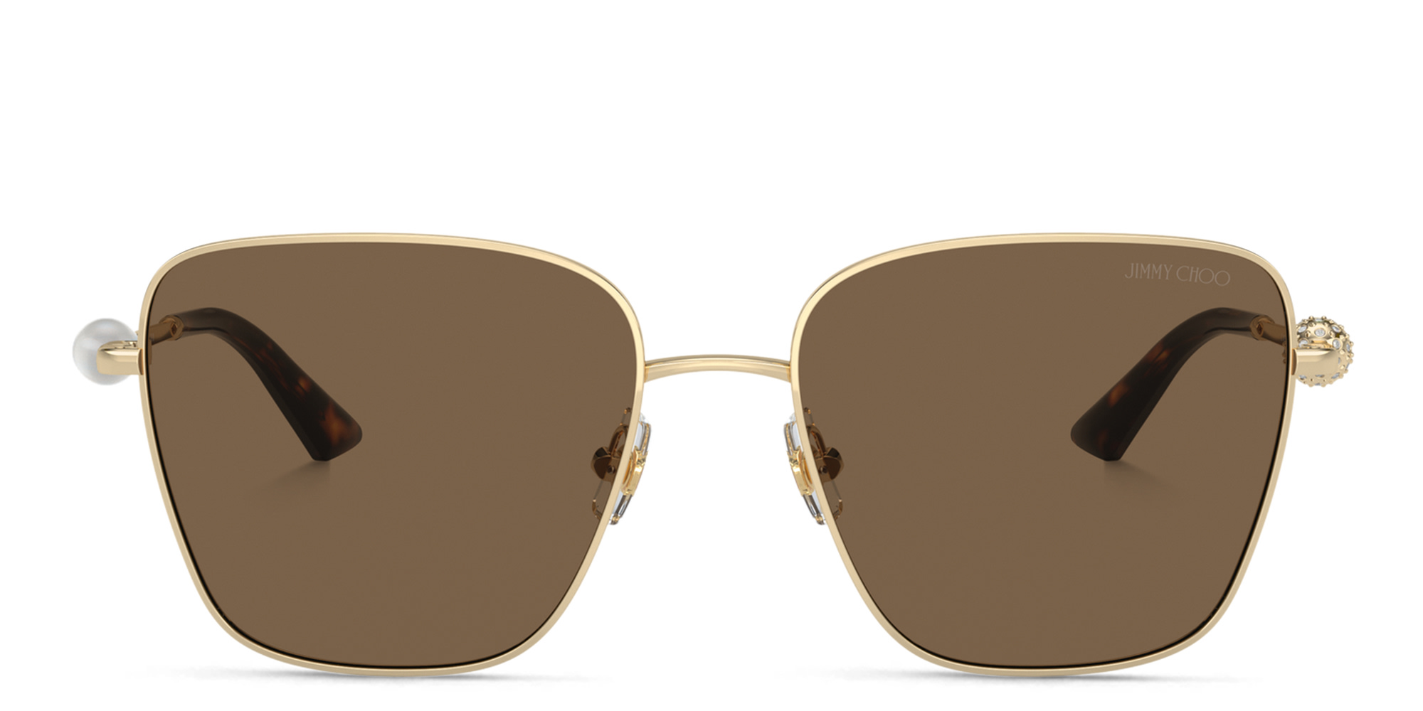 Shop JIMMY CHOO Pearl-Embellished Square Sunglasses in Gold online.