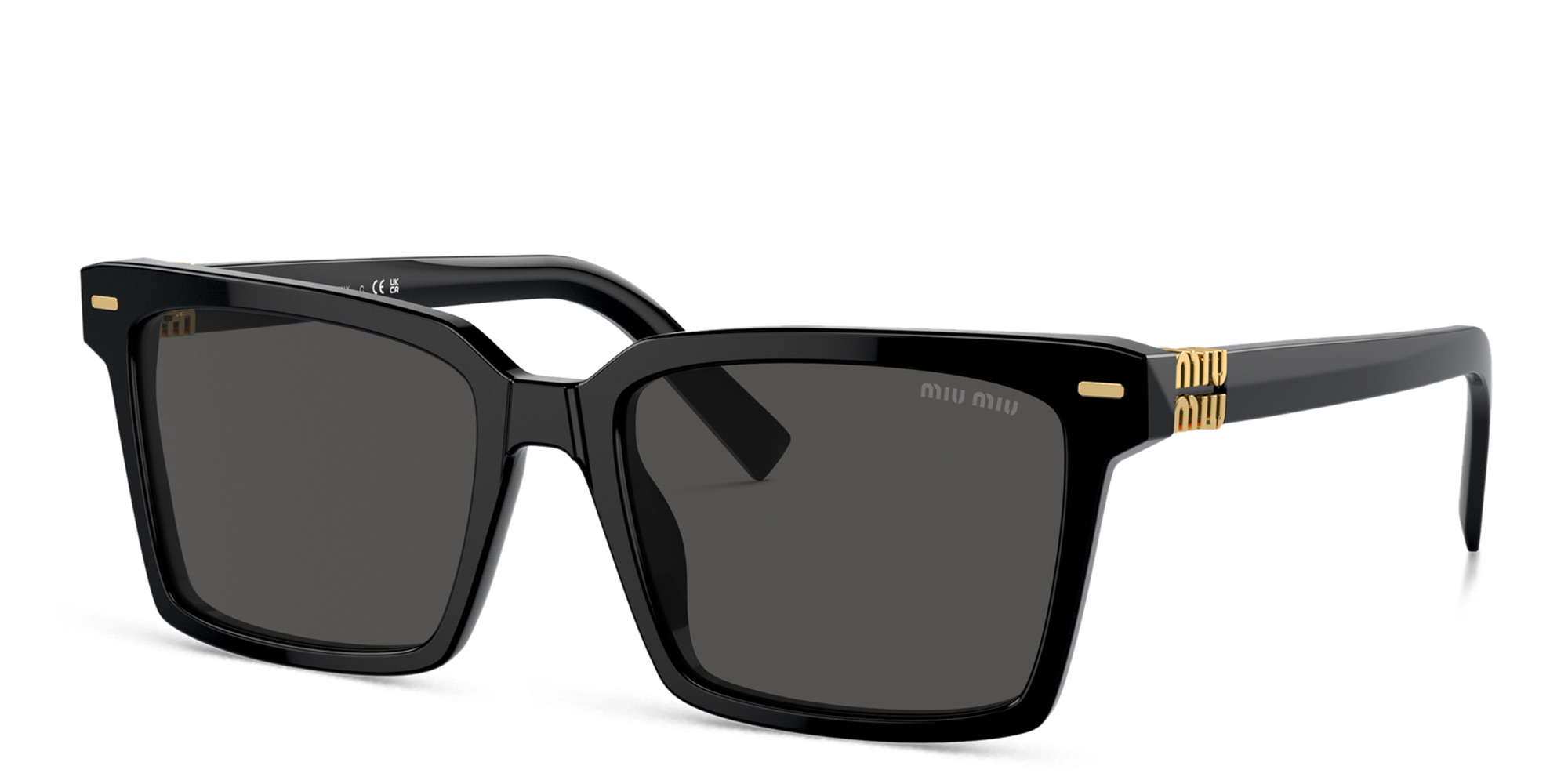 Shop MIU MIU Vertical Logo Rectangle Sunglasses in Black online.