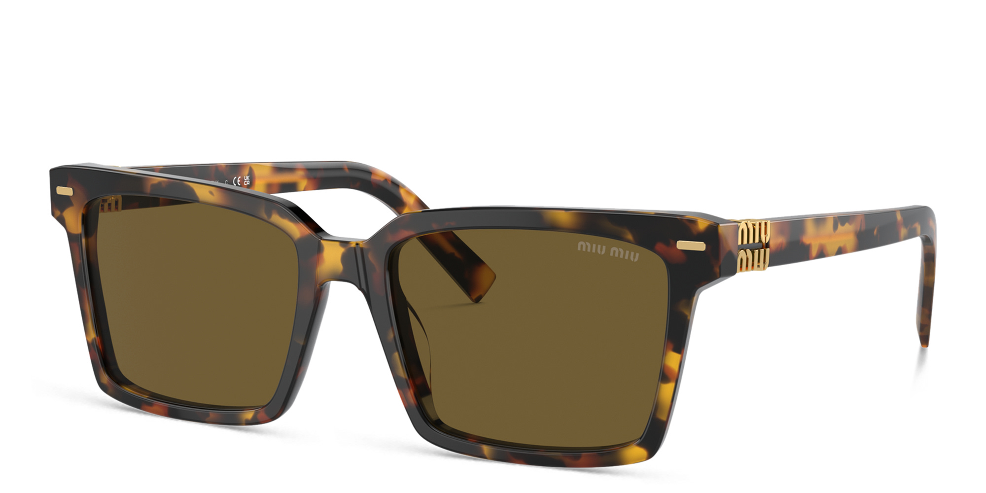 Shop MIU MIU Vertical Logo Rectangle Sunglasses in Honey Havana online.