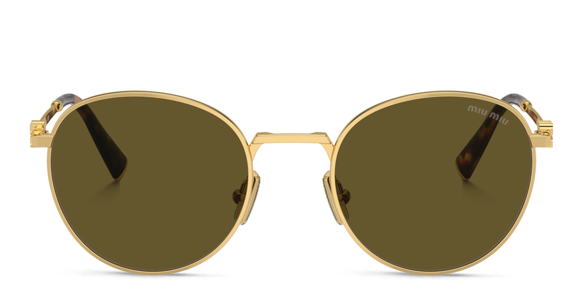 Shop MIU MIU Vertical Logo Round Sunglasses in Gold online.