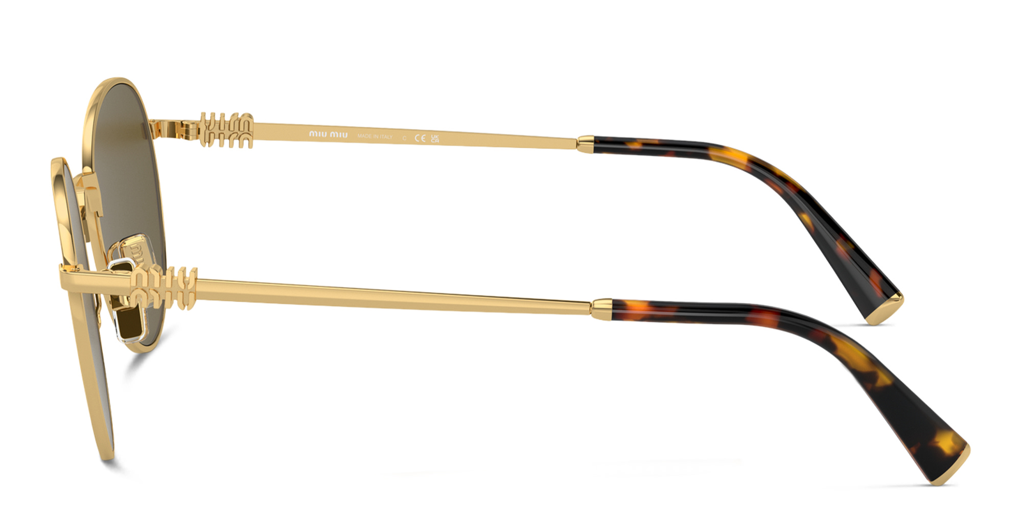 Shop MIU MIU Vertical Logo Round Sunglasses in Gold online.