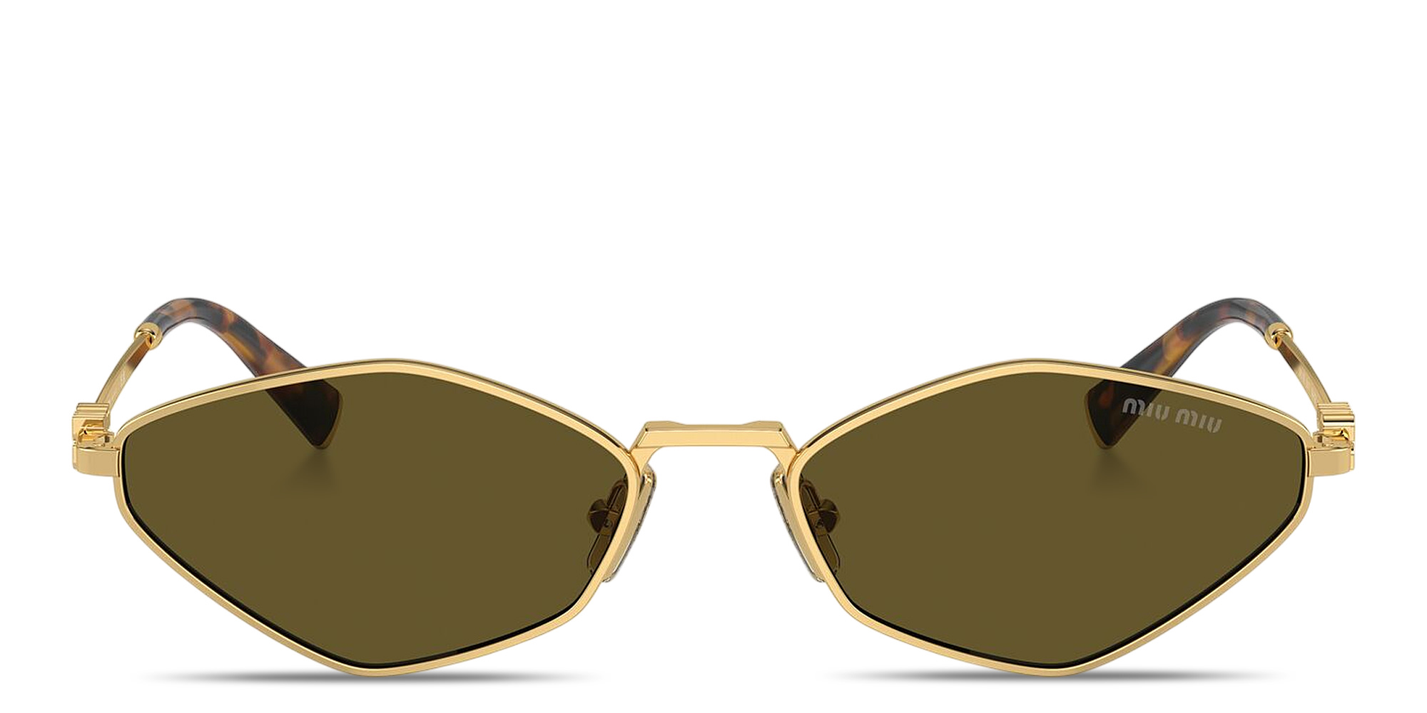 Shop MIU MIU Vertical Logo Irregular Sunglasses in Gold online.