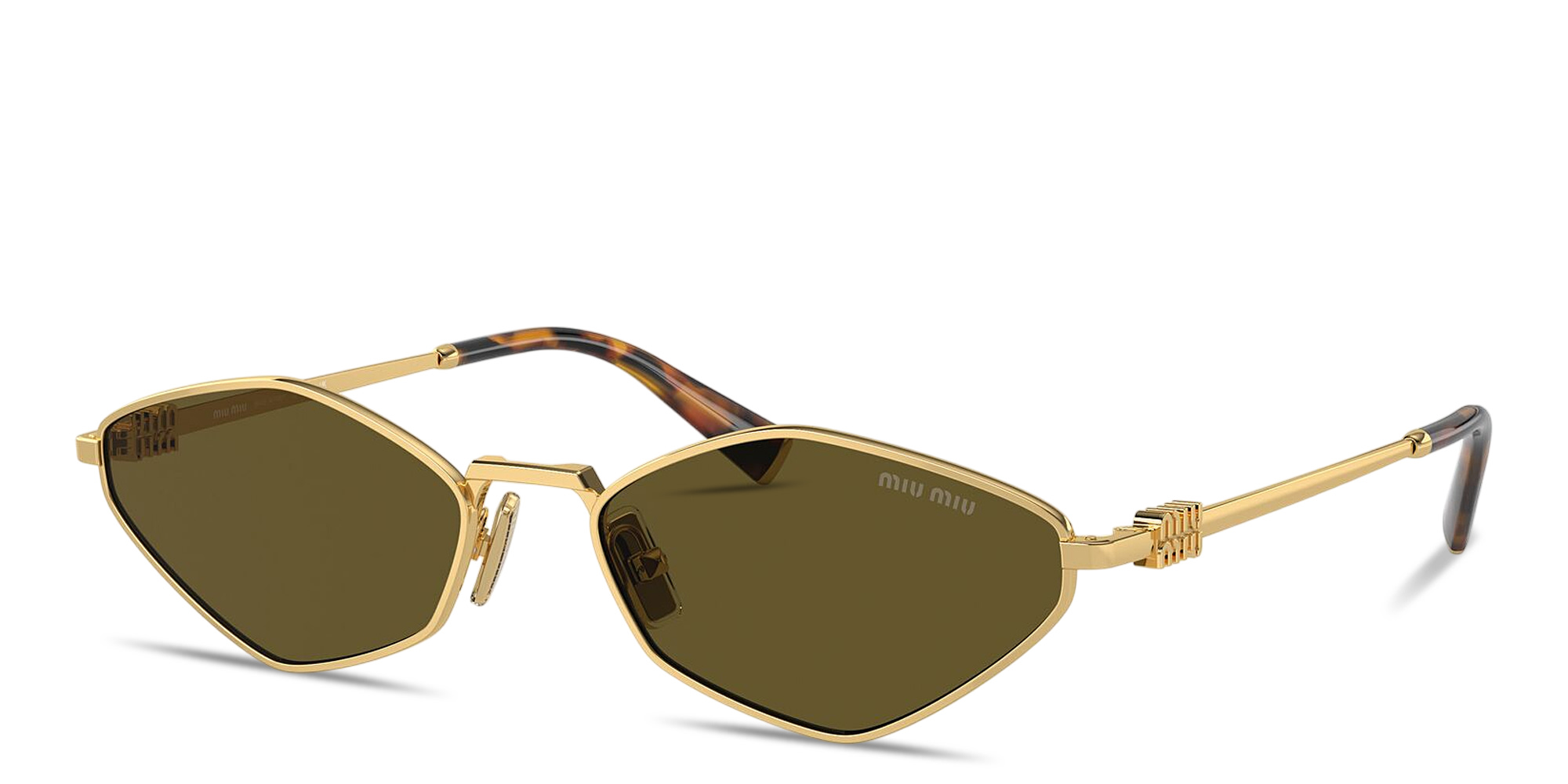 Shop MIU MIU Vertical Logo Irregular Sunglasses in Gold online.