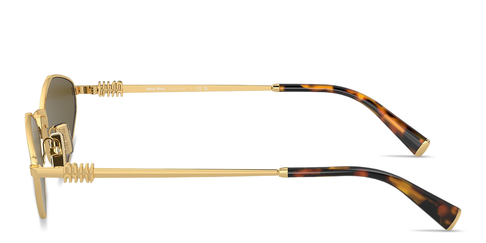 Shop MIU MIU Vertical Logo Irregular Sunglasses in Gold online.