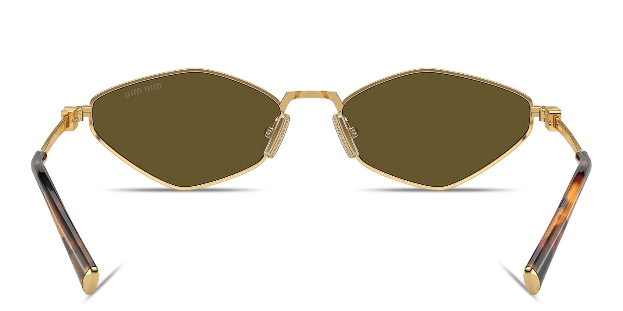Shop MIU MIU Vertical Logo Irregular Sunglasses in Gold online.