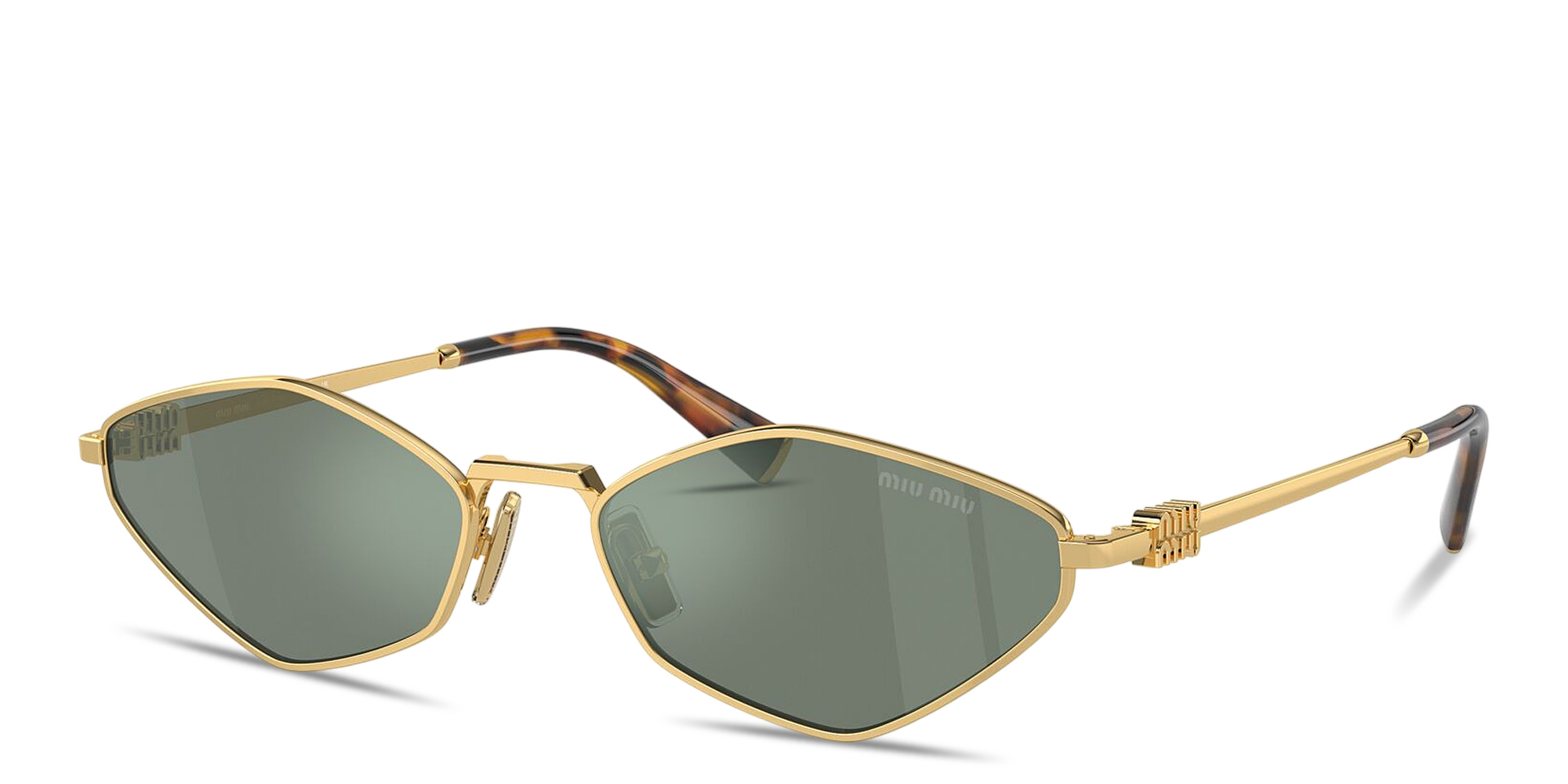 Shop MIU MIU Vertical Logo Irregular Sunglasses in Gold online.