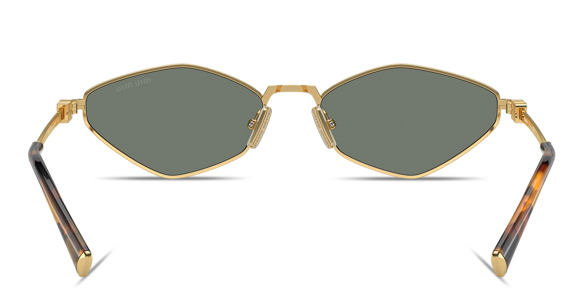 Shop MIU MIU Vertical Logo Irregular Sunglasses in Gold online.