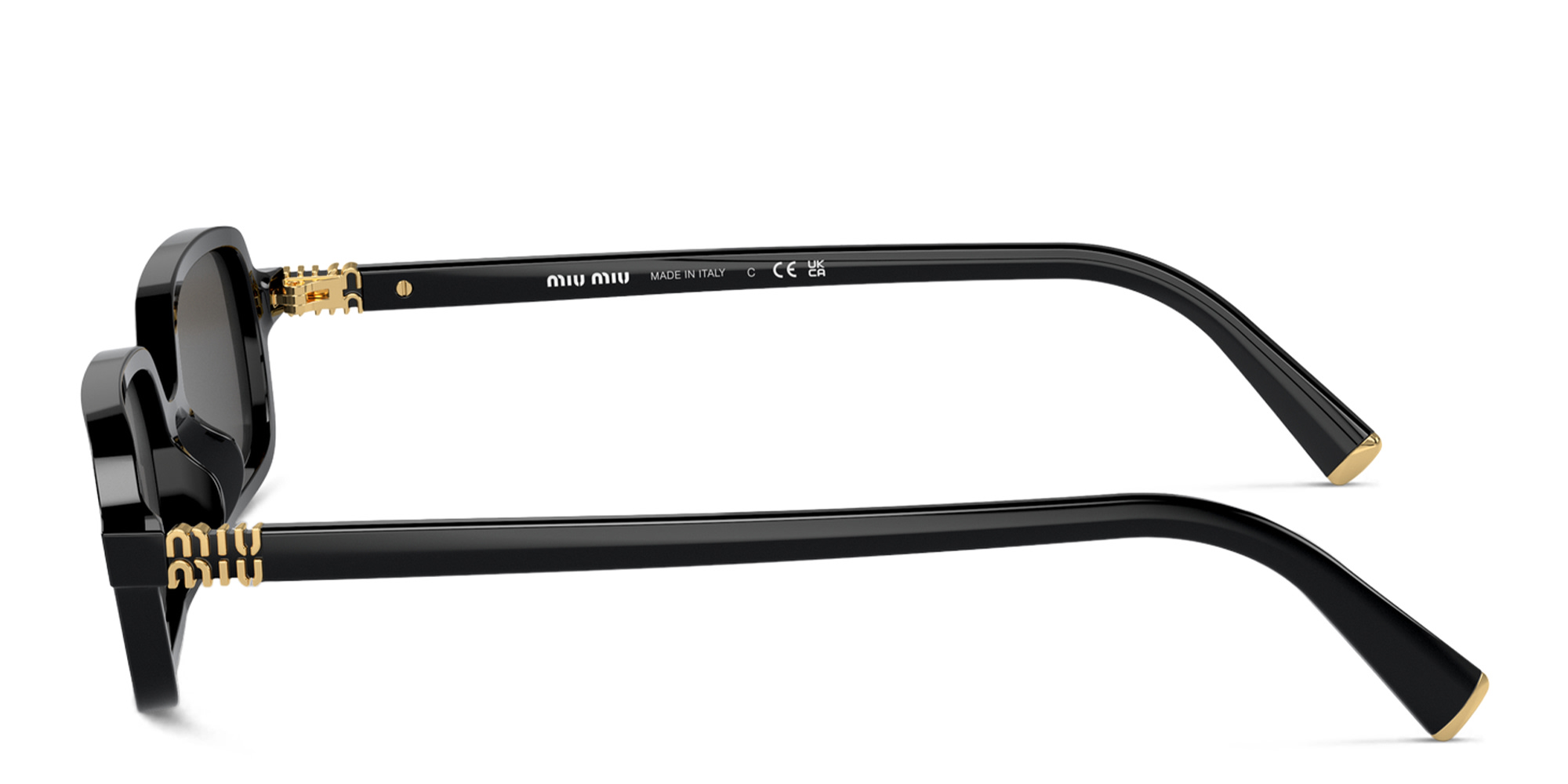 Shop MIU MIU Vertical Logo Rectangle Sunglasses in Black online.