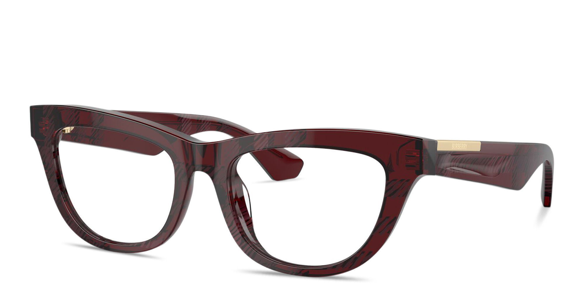 Shop BURBERRY Check Pattern Rectangle Eyeglasses in Red online.