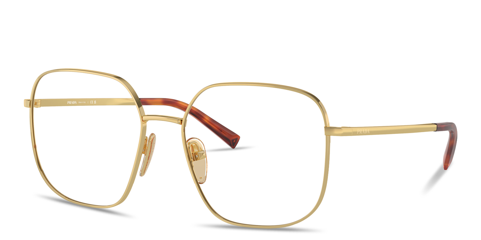 Shop PRADA Engraved Logo Wide Square Eyeglasses in Gold online.