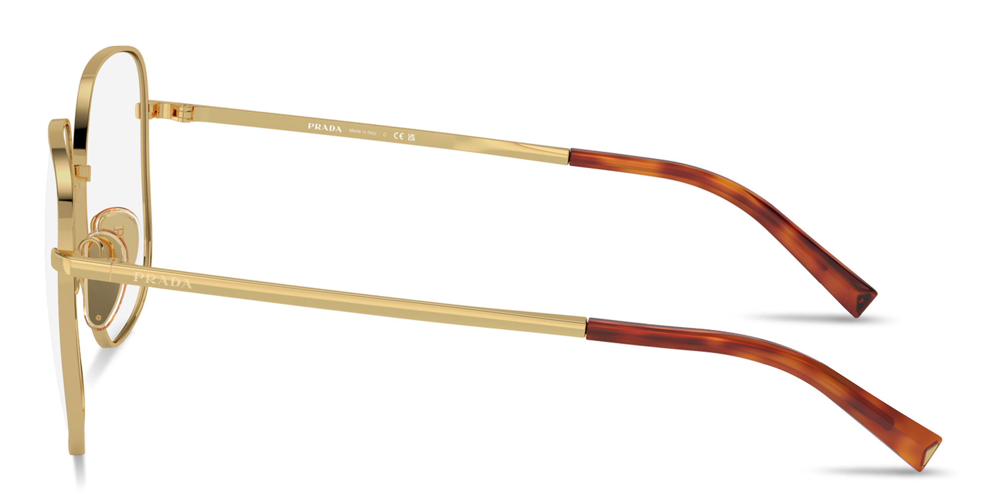 Shop PRADA Engraved Logo Wide Square Eyeglasses in Gold online.