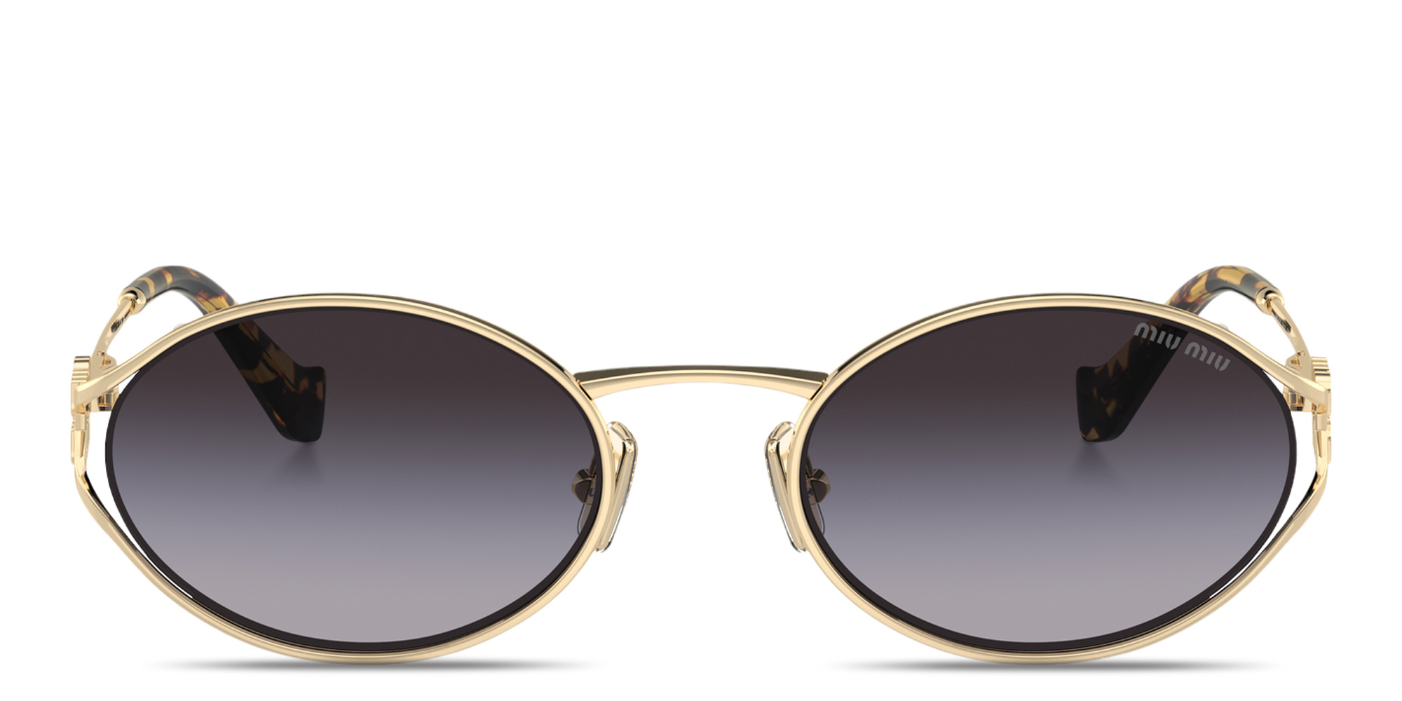 Shop MIU MIU Vertical Logo Oval Sunglasses in Gold online.
