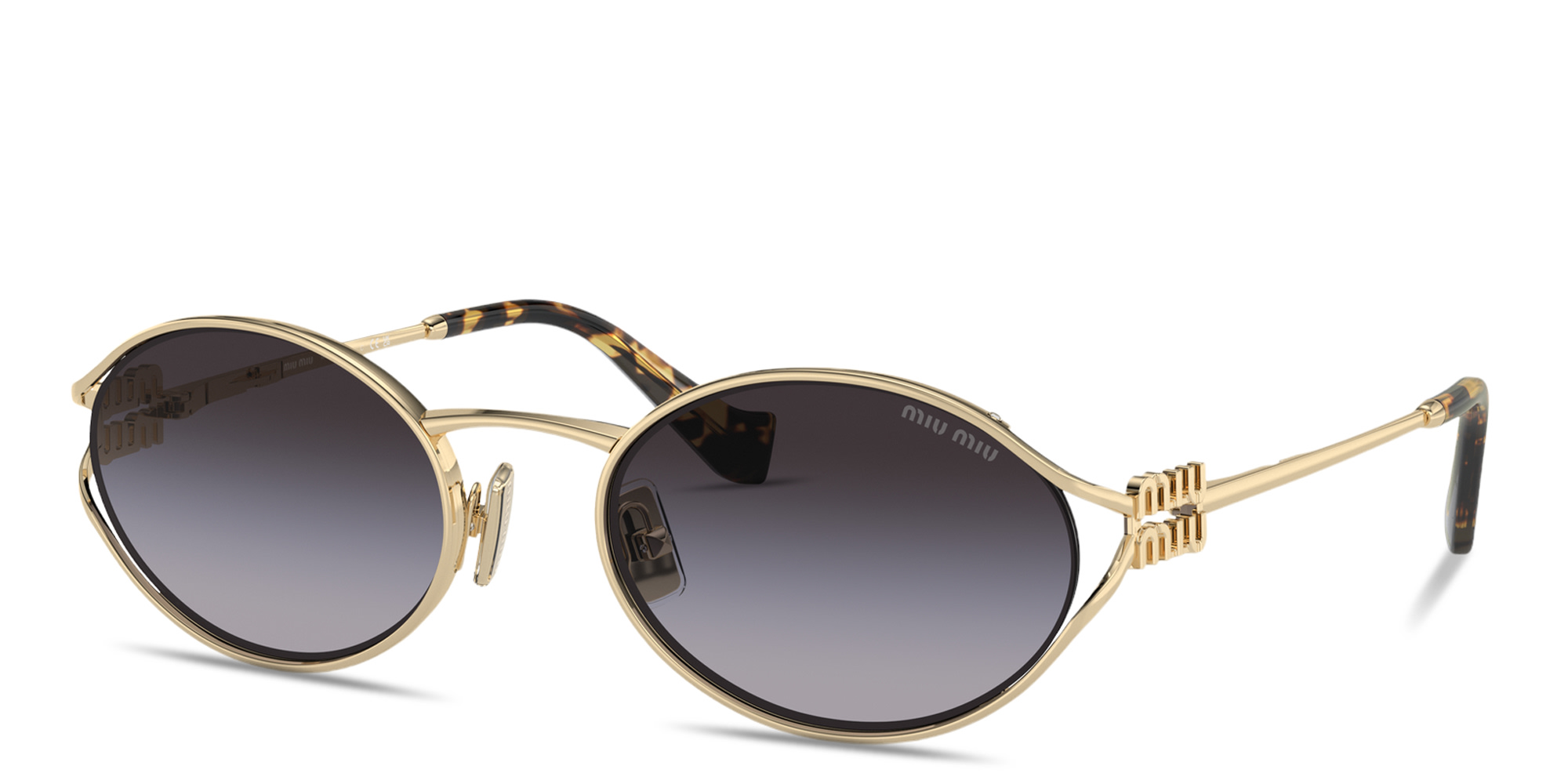 Shop MIU MIU Vertical Logo Oval Sunglasses in Gold online.
