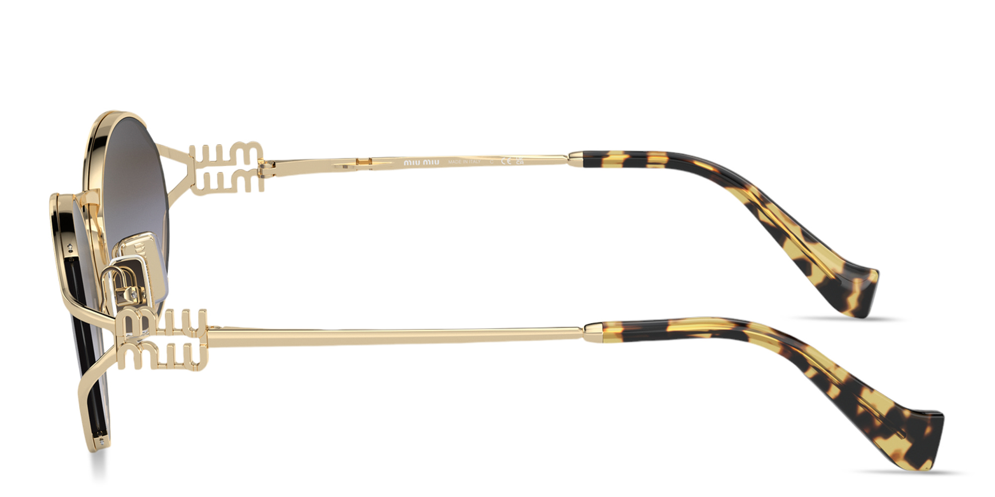 Shop MIU MIU Vertical Logo Oval Sunglasses in Gold online.