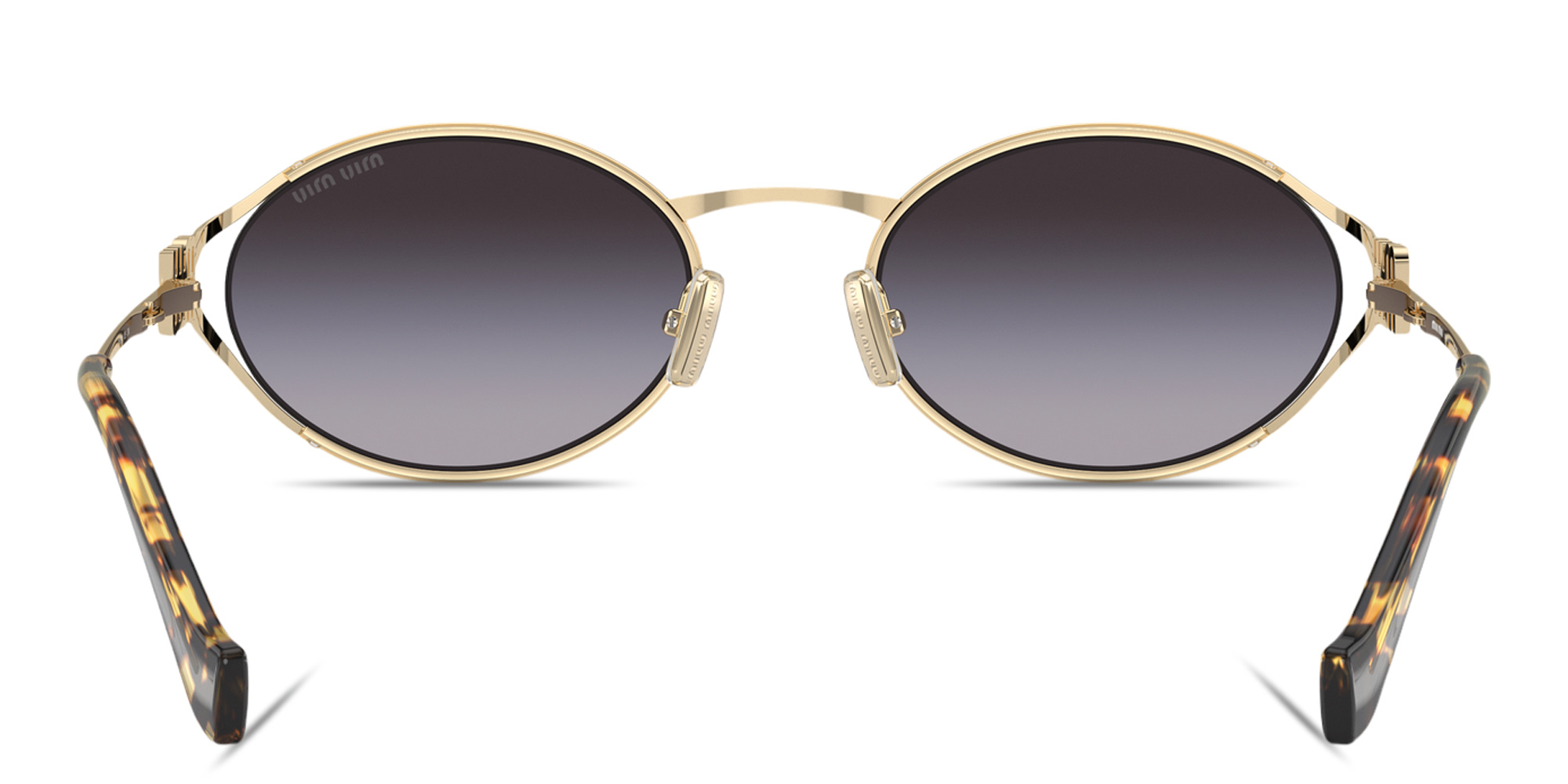 Shop MIU MIU Vertical Logo Oval Sunglasses in Gold online.