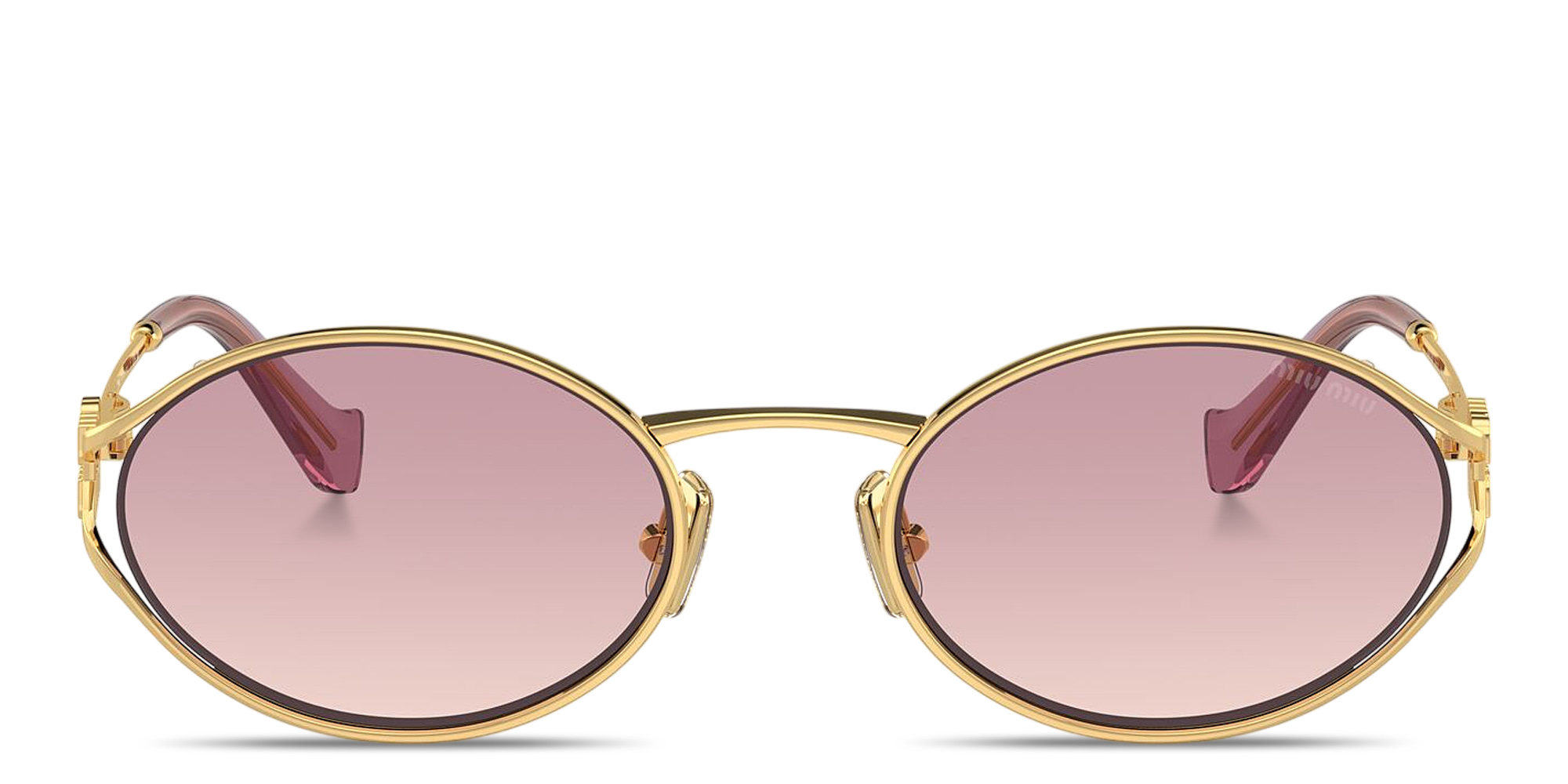Shop MIU MIU Vertical Logo Oval Sunglasses in Gold online.