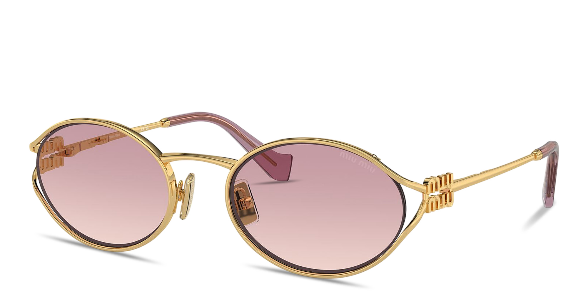 Shop MIU MIU Vertical Logo Oval Sunglasses in Gold online.