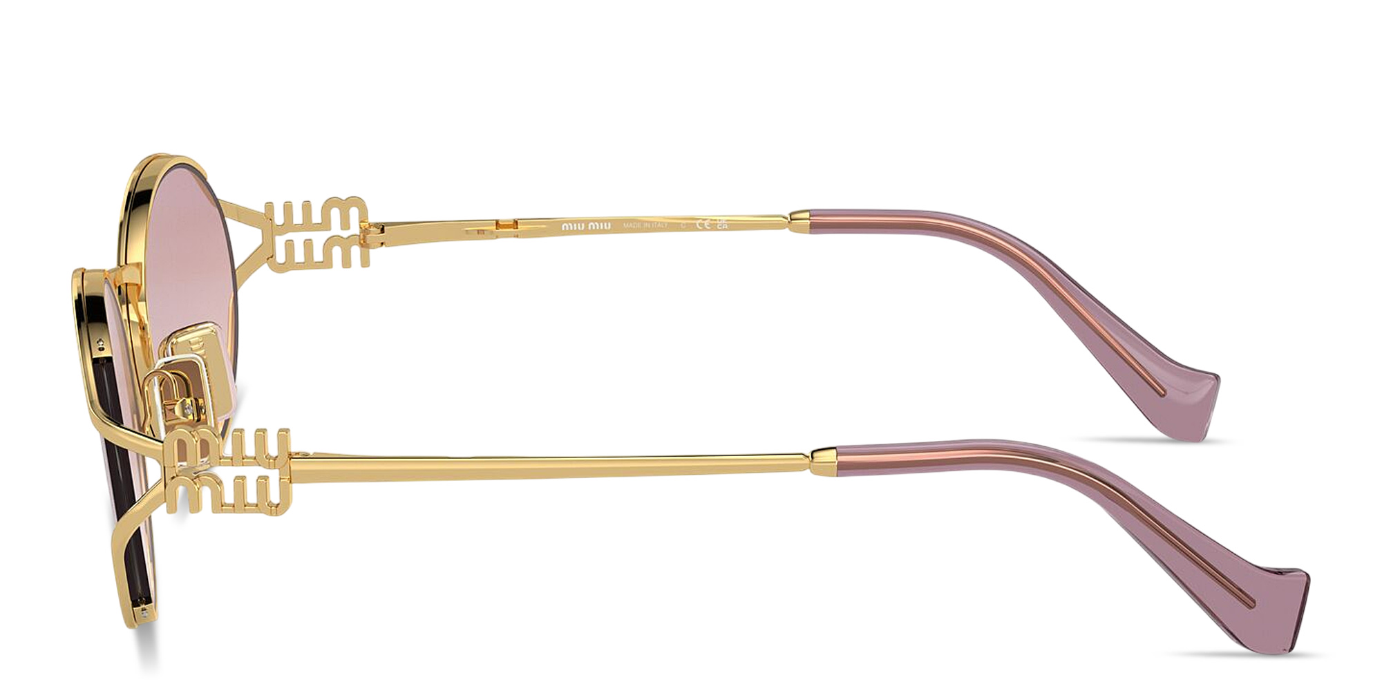 Shop MIU MIU Vertical Logo Oval Sunglasses in Gold online.