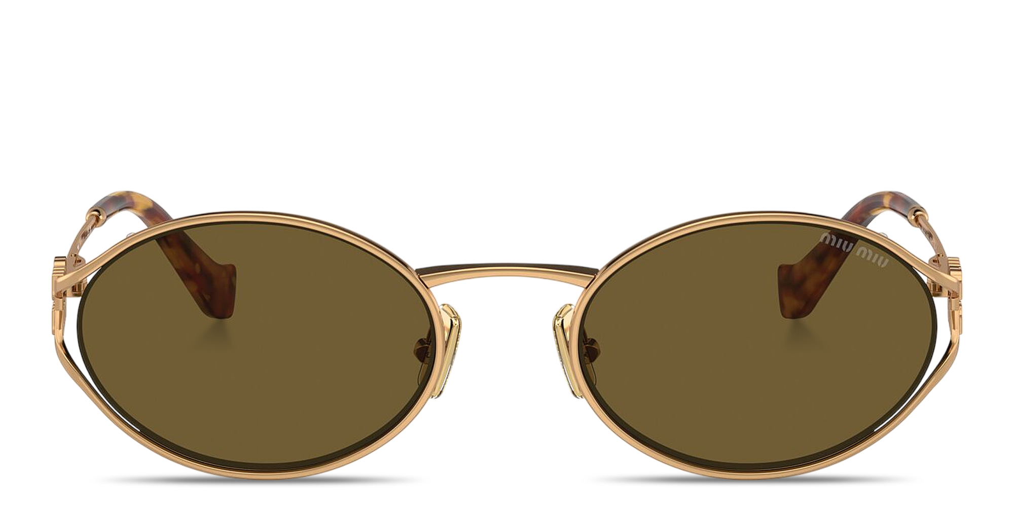 Shop MIU MIU Vertical Logo Oval Sunglasses in Gold online.