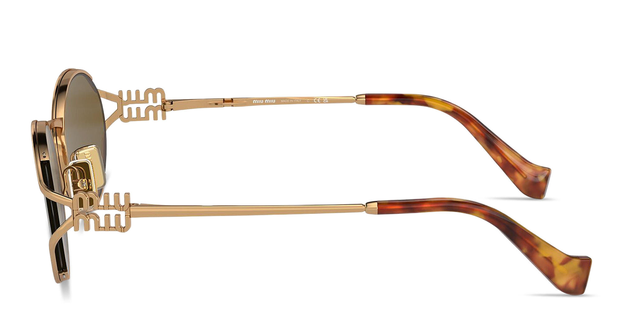 Shop MIU MIU Vertical Logo Oval Sunglasses in Gold online.