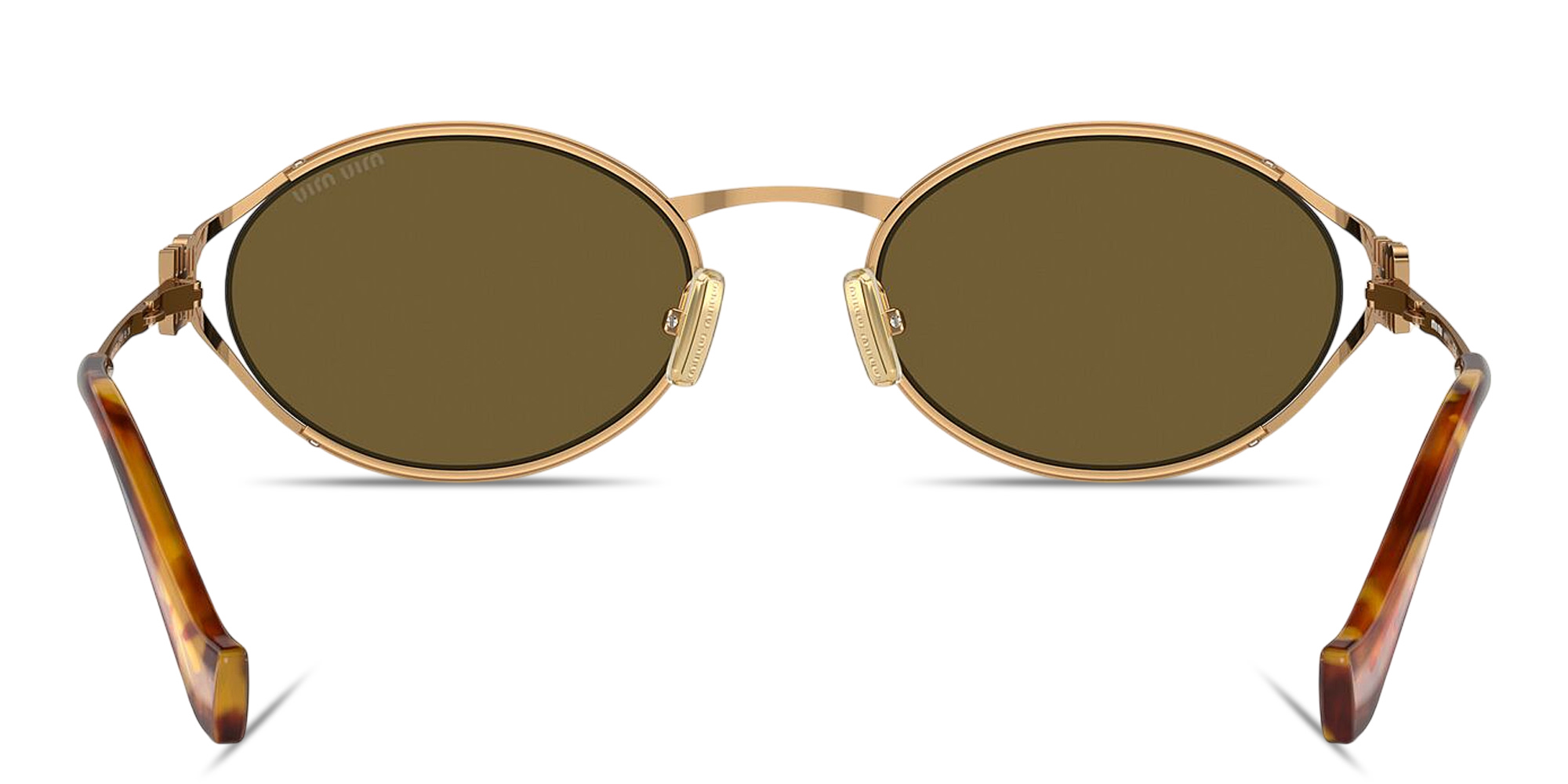 Shop MIU MIU Vertical Logo Oval Sunglasses in Gold online.