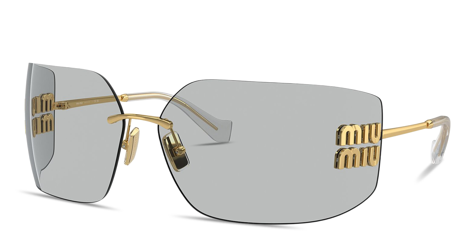 Shop MIU MIU Runway Rimless Wide Irregular Sunglasses in Gold online.