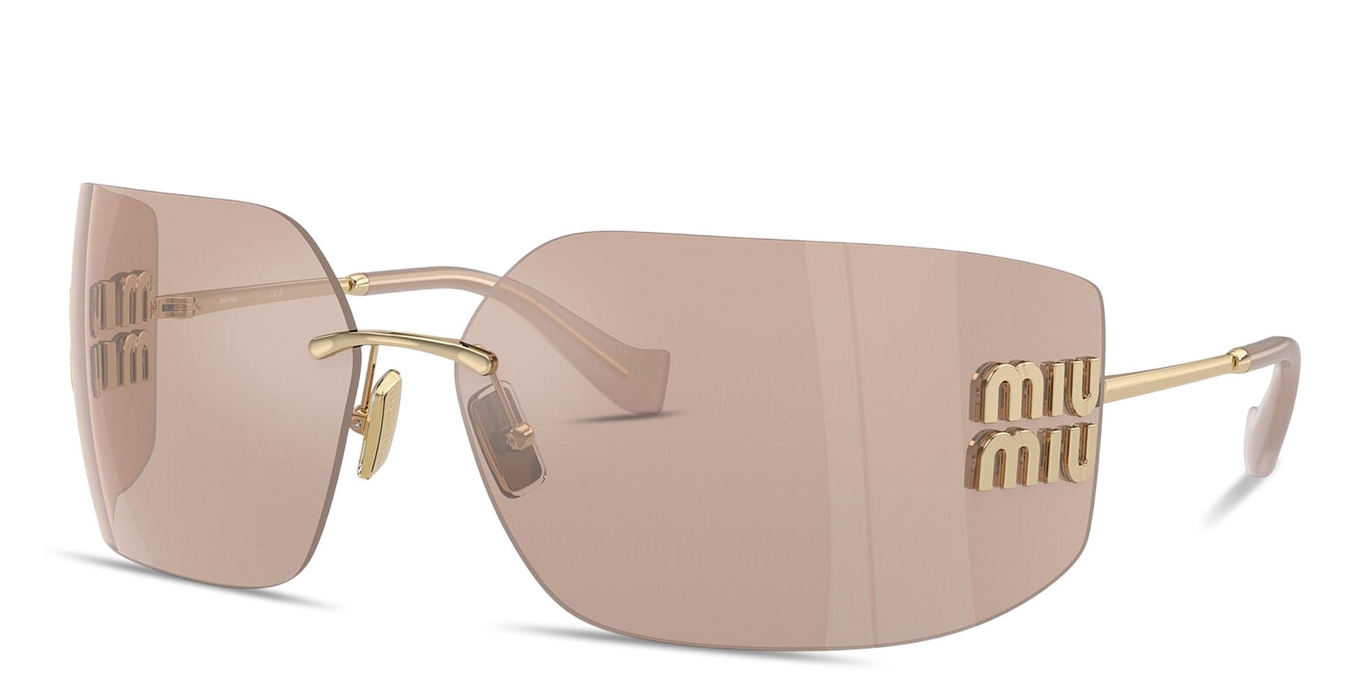 Shop MIU MIU Runway Rimless Wide Irregular Sunglasses in Pale Gold online.