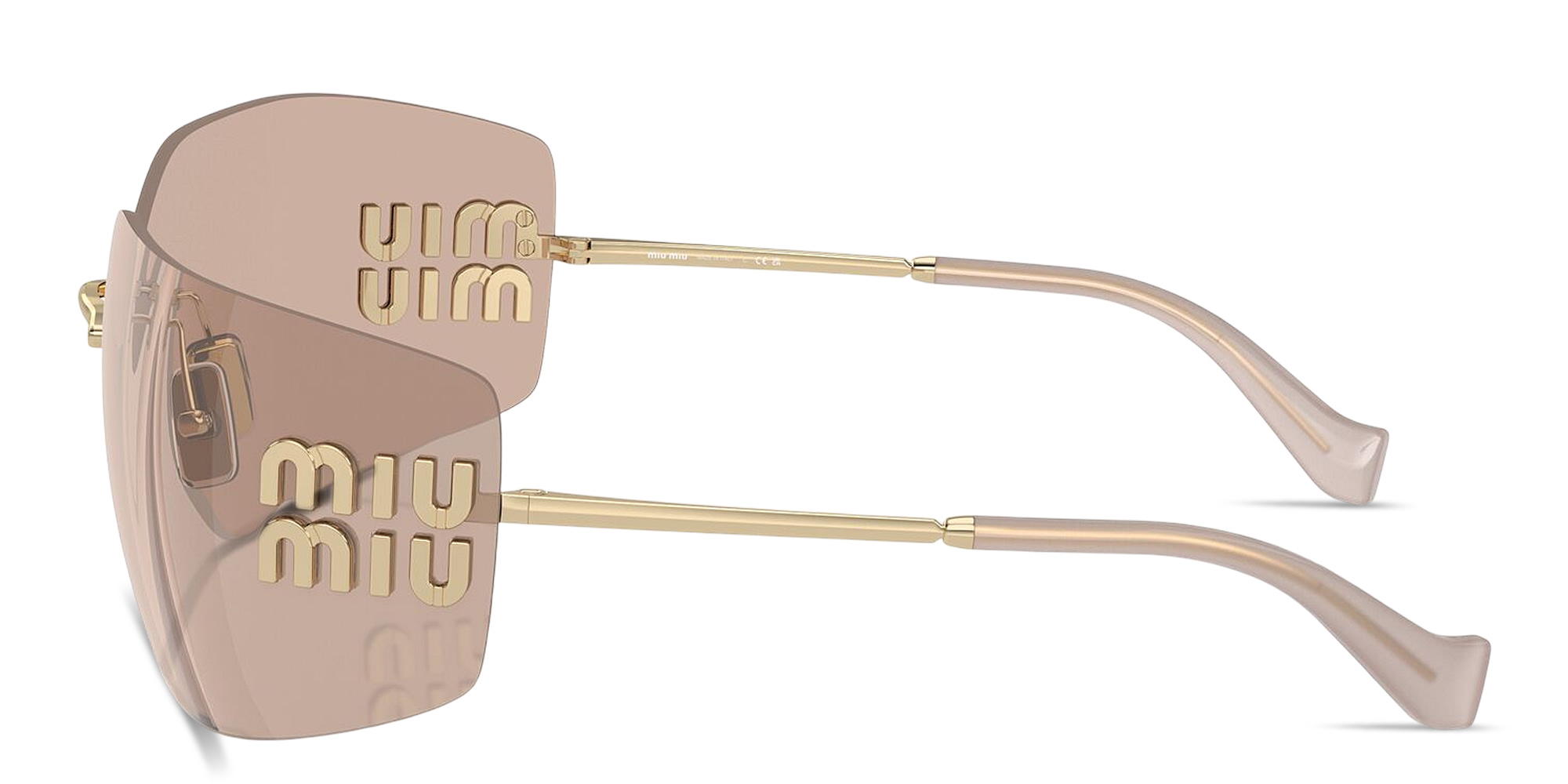 Shop MIU MIU Runway Rimless Wide Irregular Sunglasses in Pale Gold online.