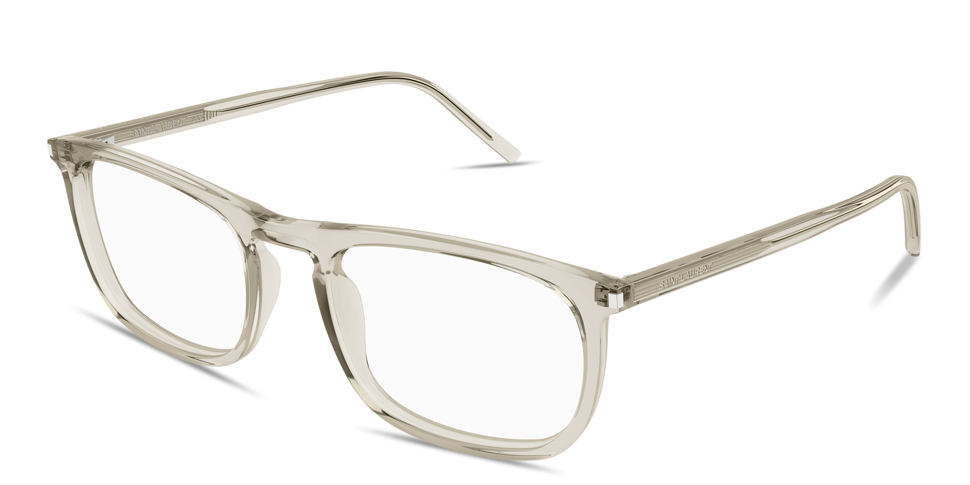 Shop SAINT LAURENT Logo Lettering Square Eyeglasses in Beige online.