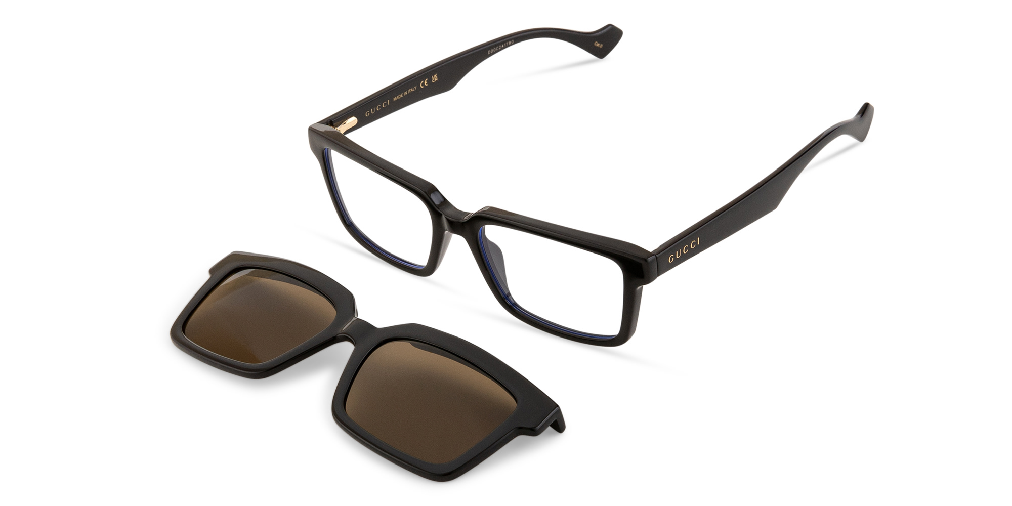 Shop GUCCI Clip-On Logo Lettering Square Eyeglasses in Black online.