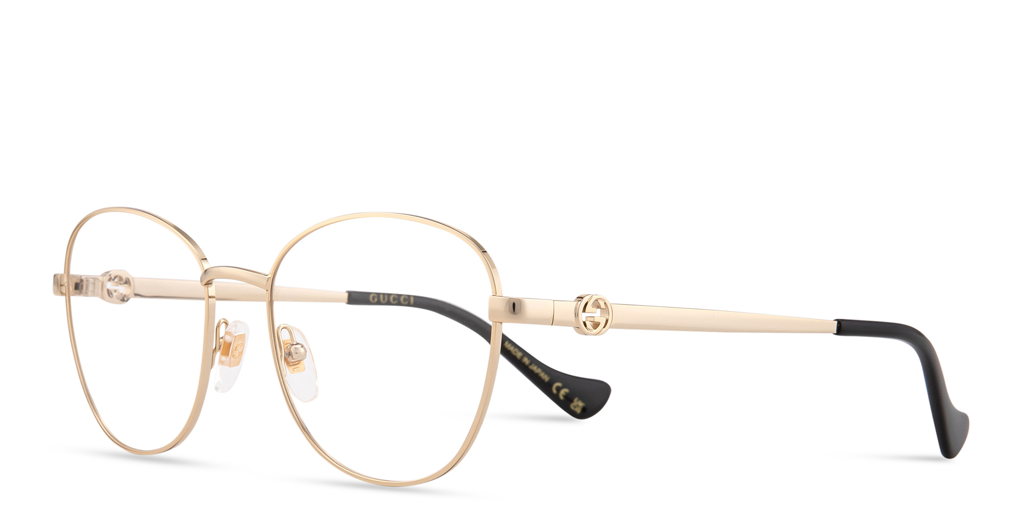 Shop GUCCI GG Logo Round Eyeglasses in Gold online.