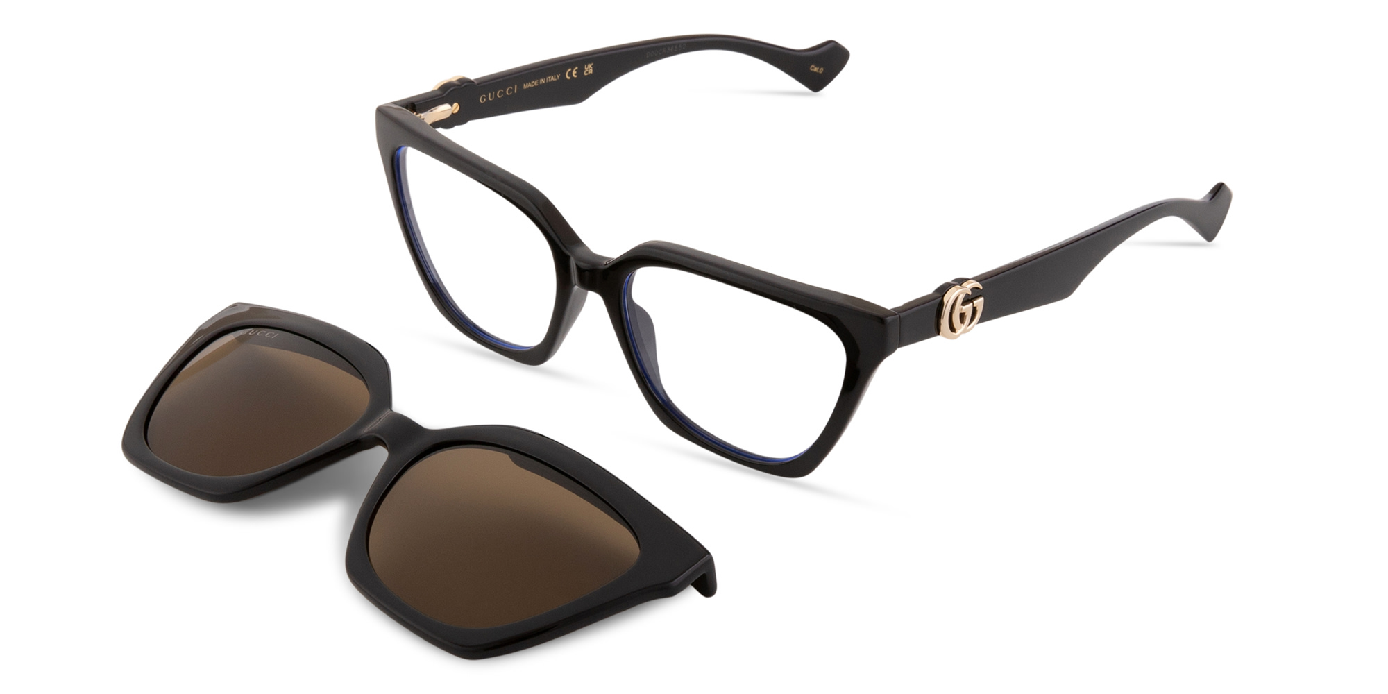 Shop GUCCI Clip-On GG Logo Wide Cat-Eye Eyeglasses in Black online.