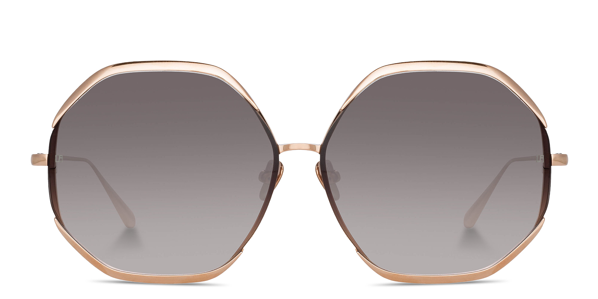 Shop LINDA FARROW Camila Oversized Irregular Sunglasses in Rose Gold online.