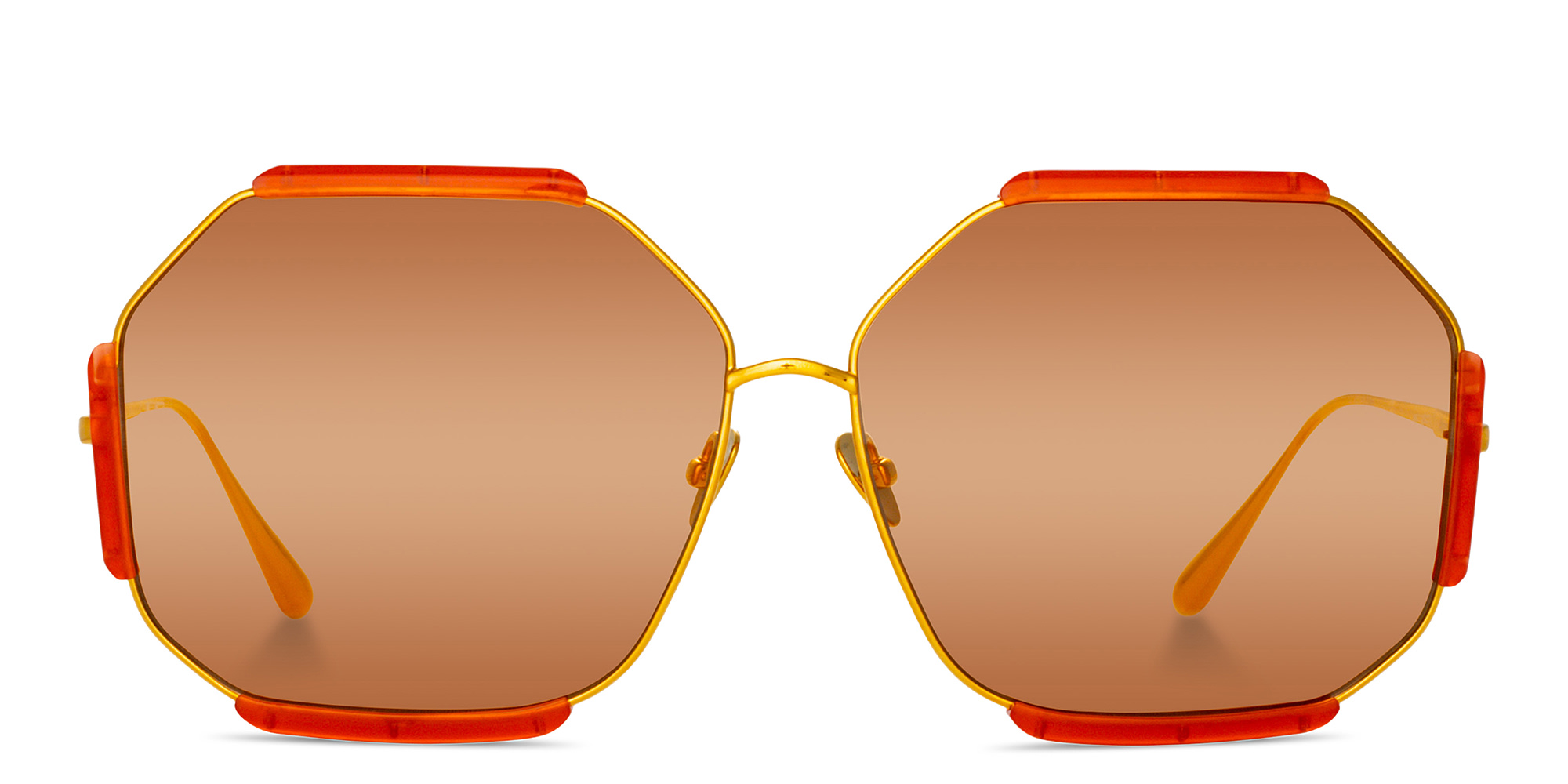 Shop LINDA FARROW Margot Oversized Wide Irregular Sunglasses in Yellow online.