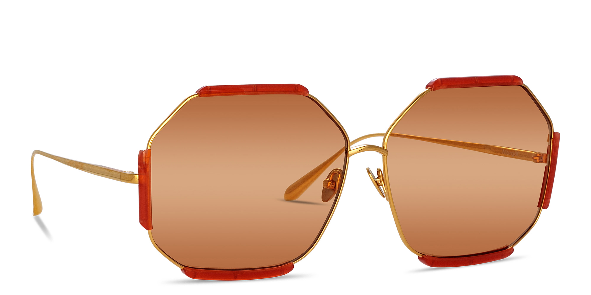 Shop LINDA FARROW Margot Oversized Wide Irregular Sunglasses in Yellow online.