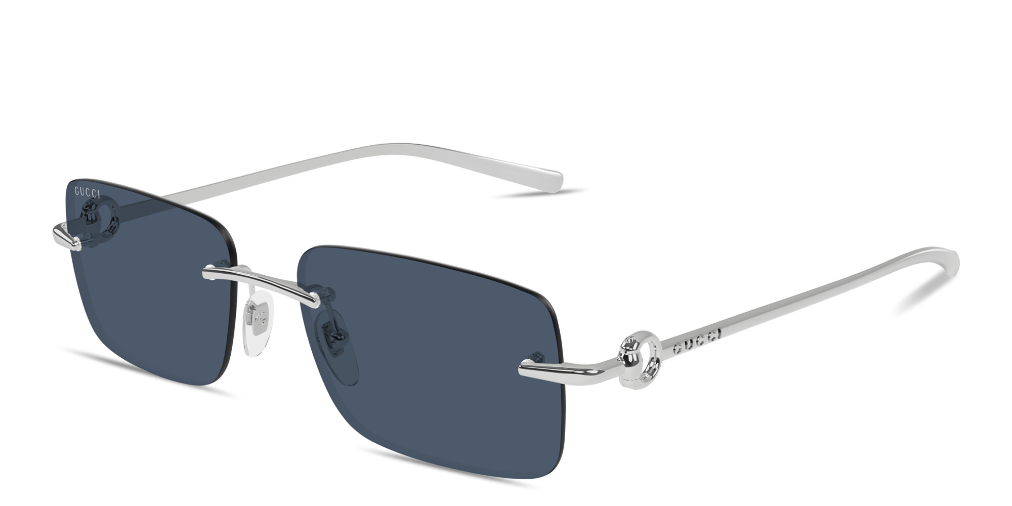 Shop GUCCI Horsebit Rimless Rectangle Sunglasses in Silver online.
