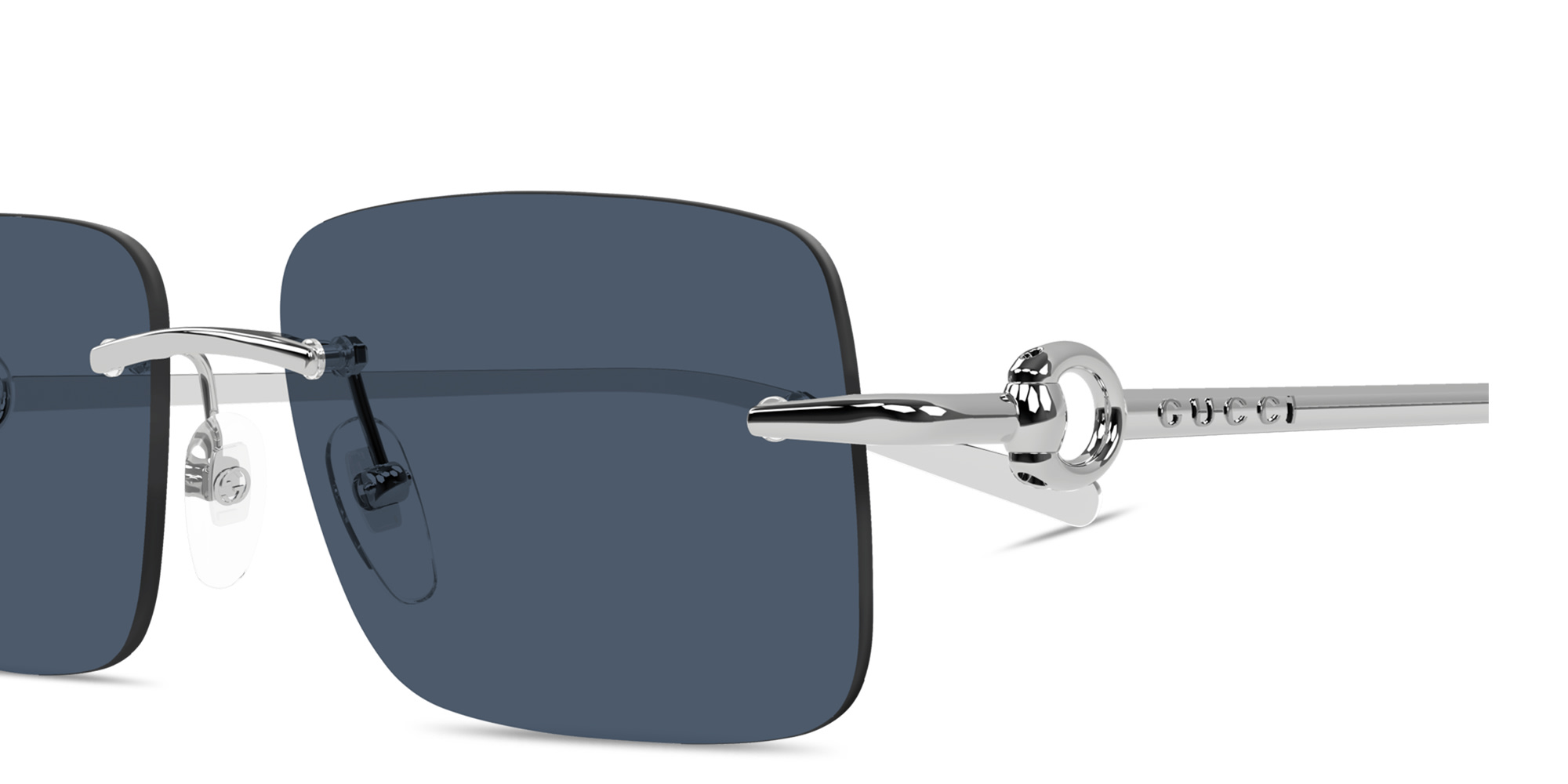 Shop GUCCI Horsebit Rimless Rectangle Sunglasses in Silver online.