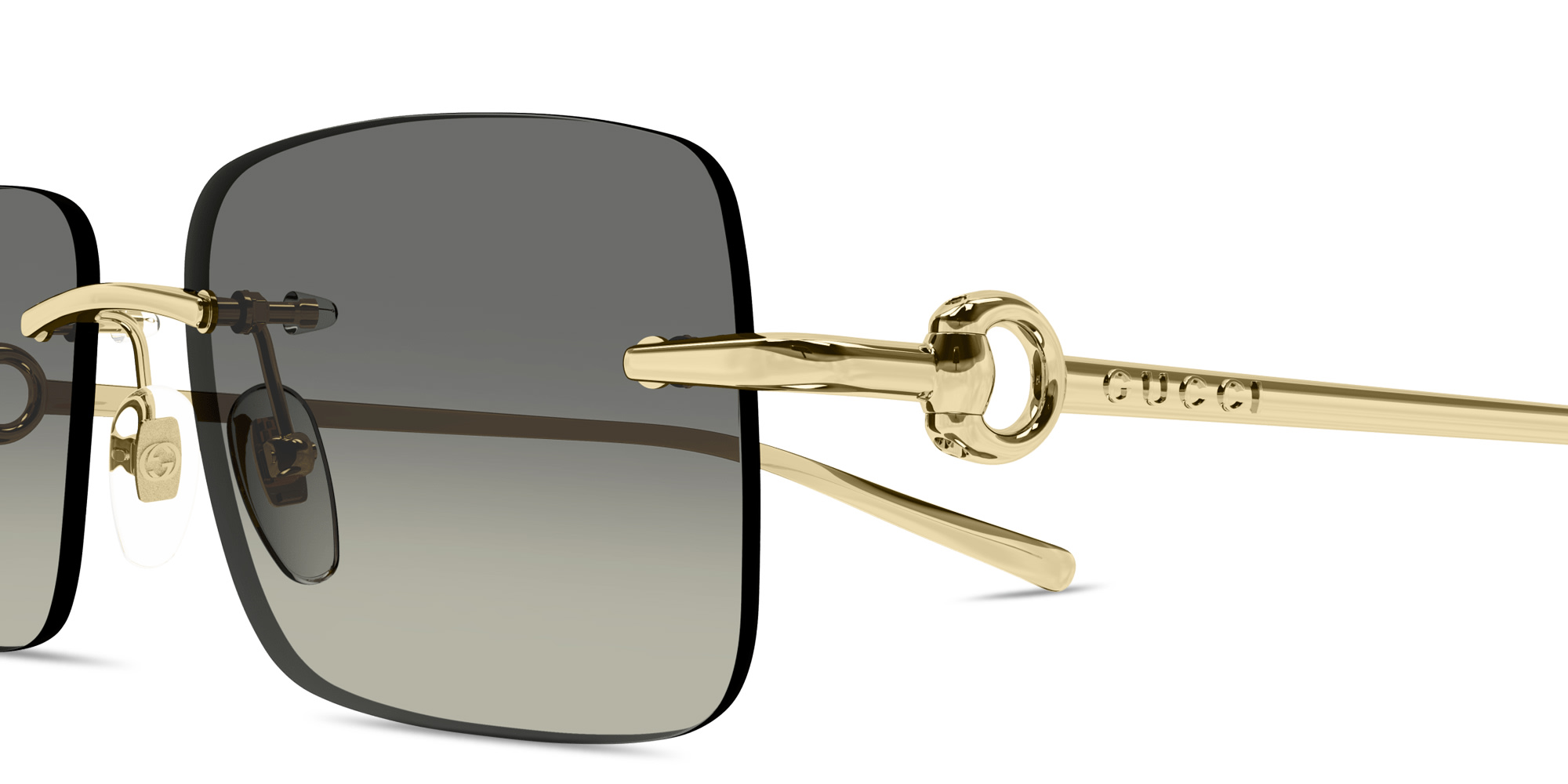 Shop GUCCI Horsebit Rimless Rectangle Sunglasses in Gold online.