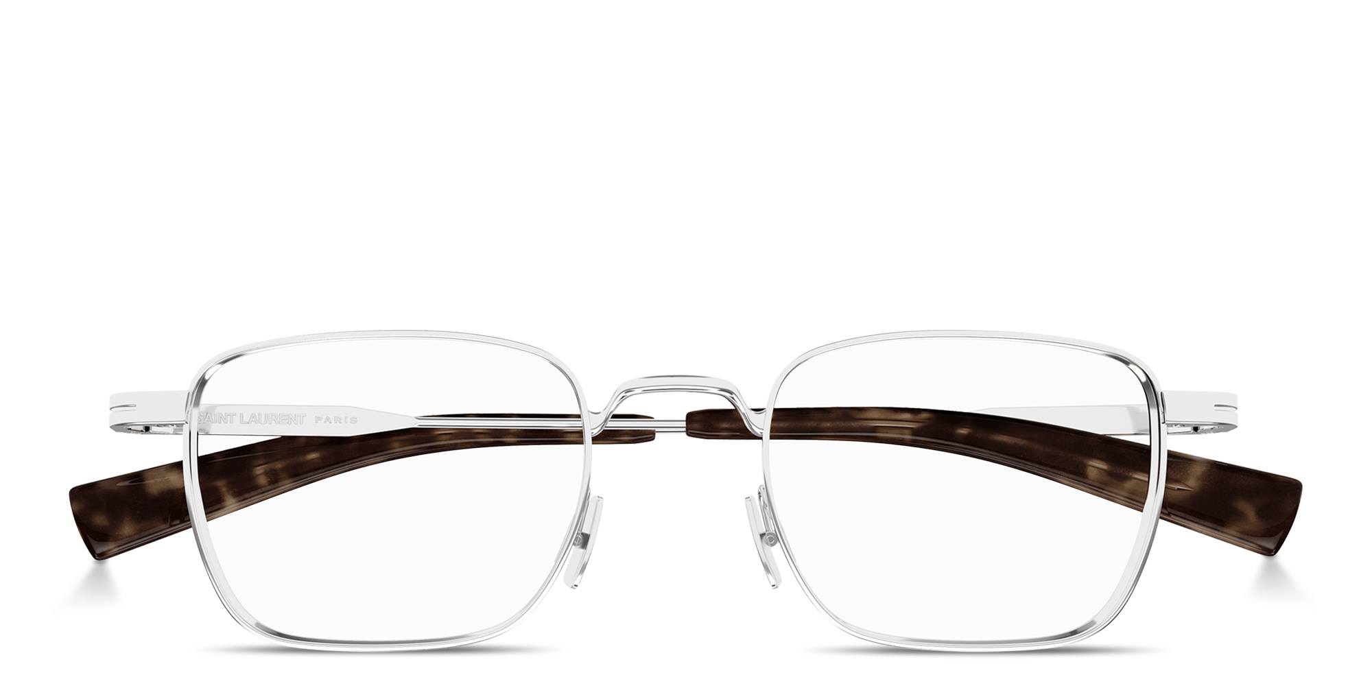 Shop SAINT LAURENT Engraved Logo Square Eyeglasses in Silver online.