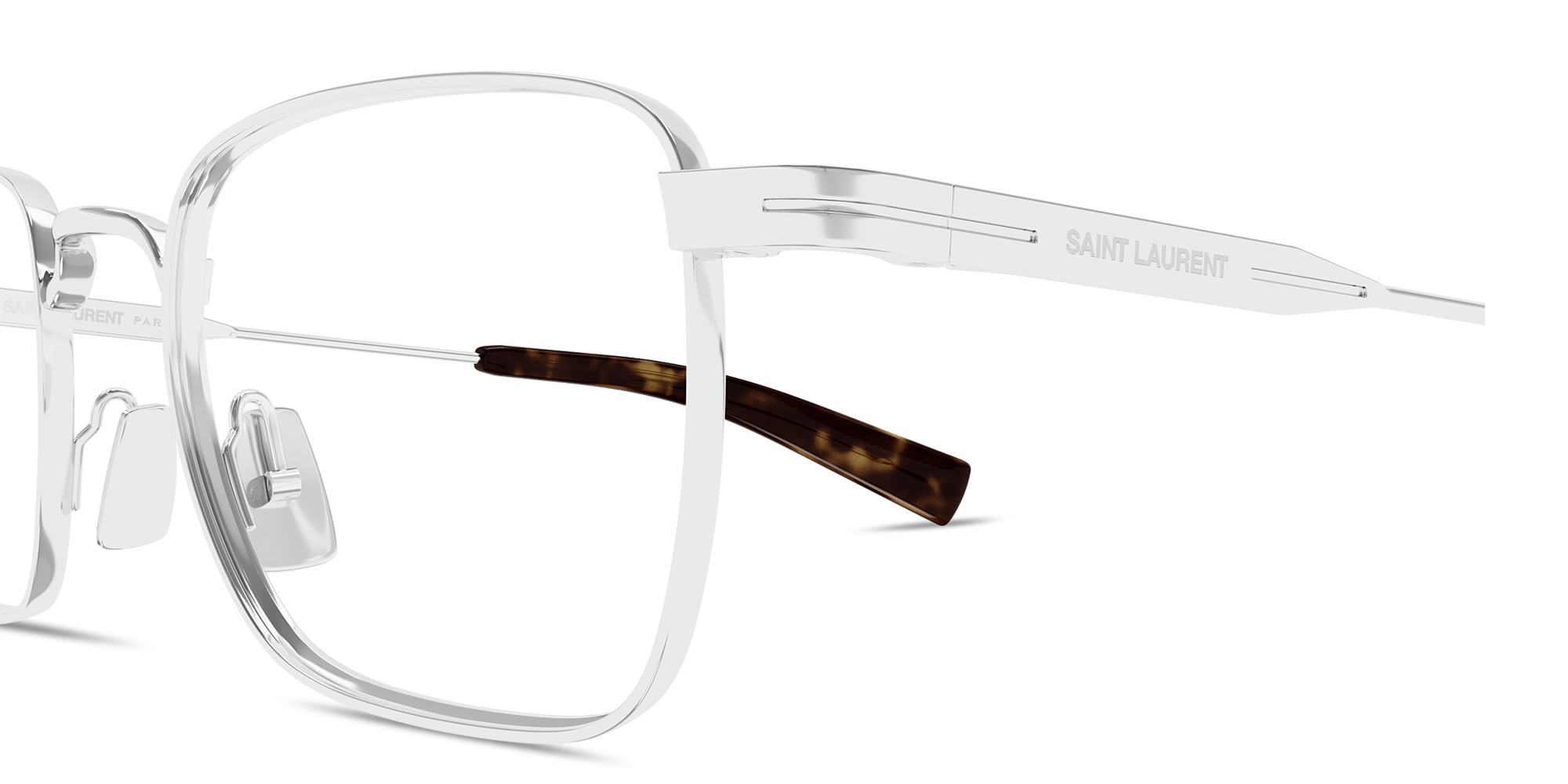 Shop SAINT LAURENT Engraved Logo Square Eyeglasses in Silver online.