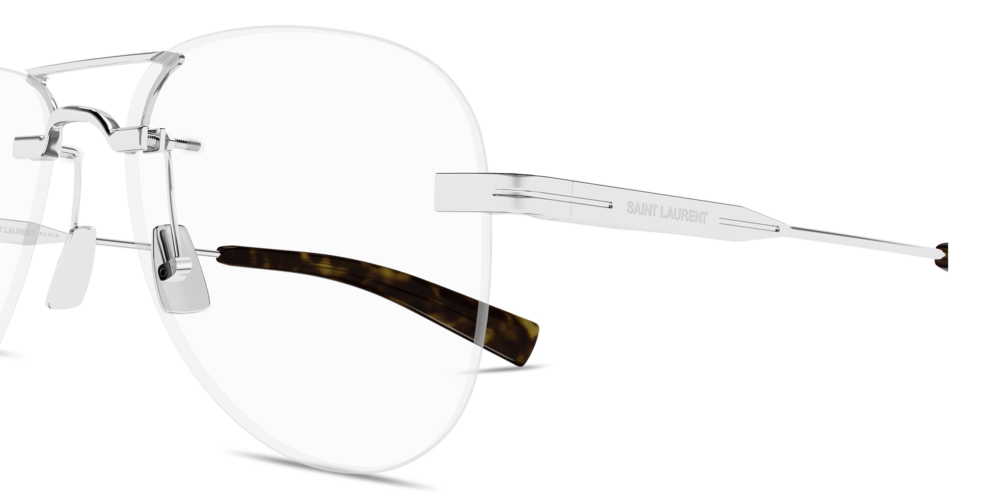 Shop SAINT LAURENT Engraved Logo Unisex Rimless Wide Pilot Eyeglasses in Silver online.