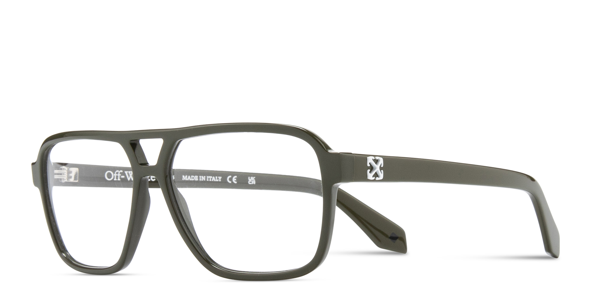 Shop OFF WHITE Arrows Logo Unisex Wide Aviator Eyeglasses in Green online.