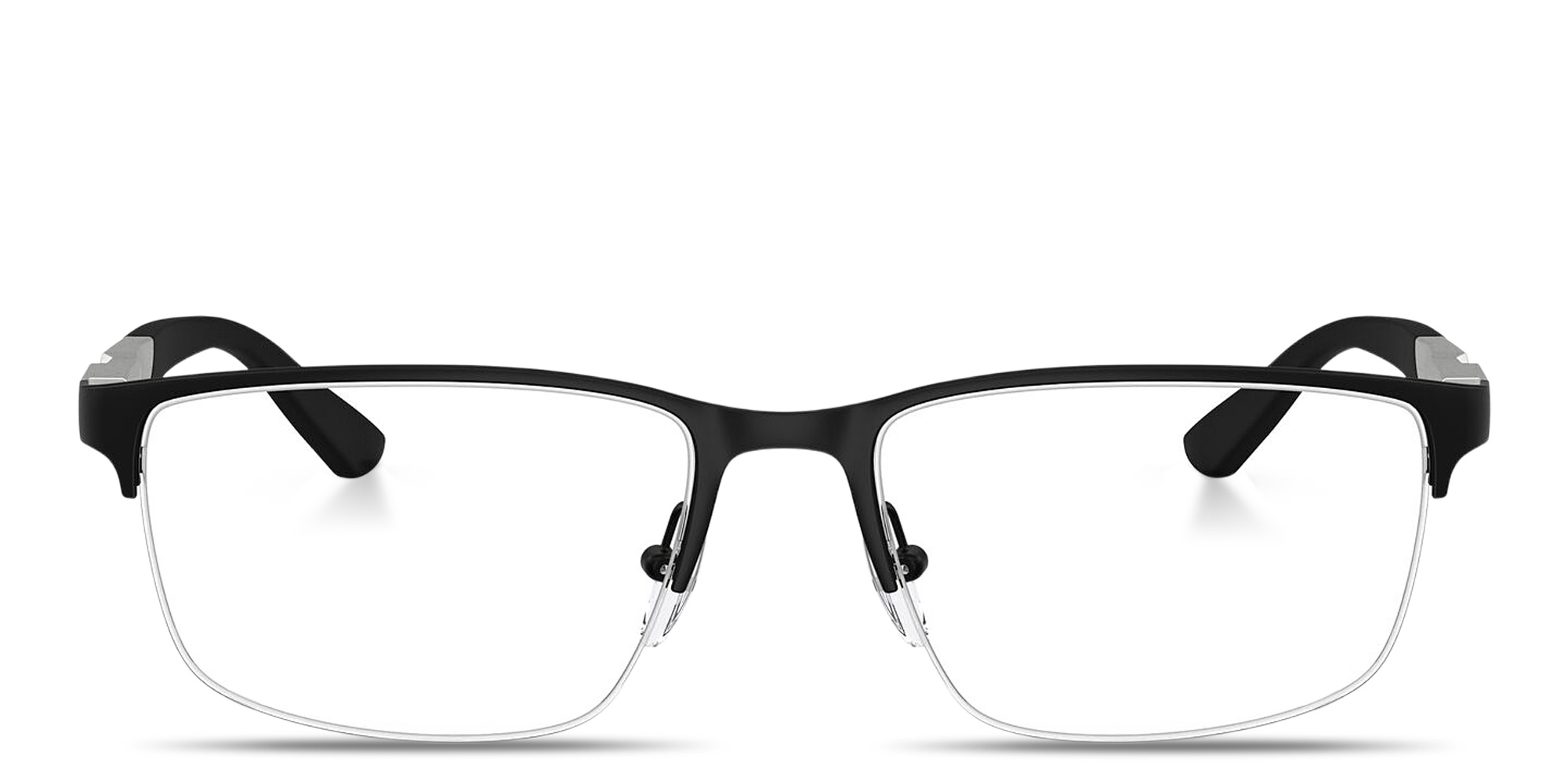 Shop Emporio Armani Eagle Logo Half-Rim Wide Rectangle Eyeglasses in Black online.