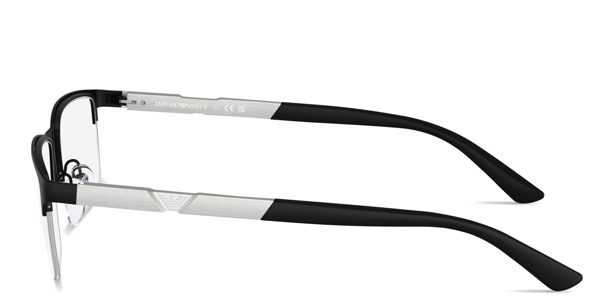 Shop Emporio Armani Eagle Logo Half-Rim Wide Rectangle Eyeglasses in Black online.