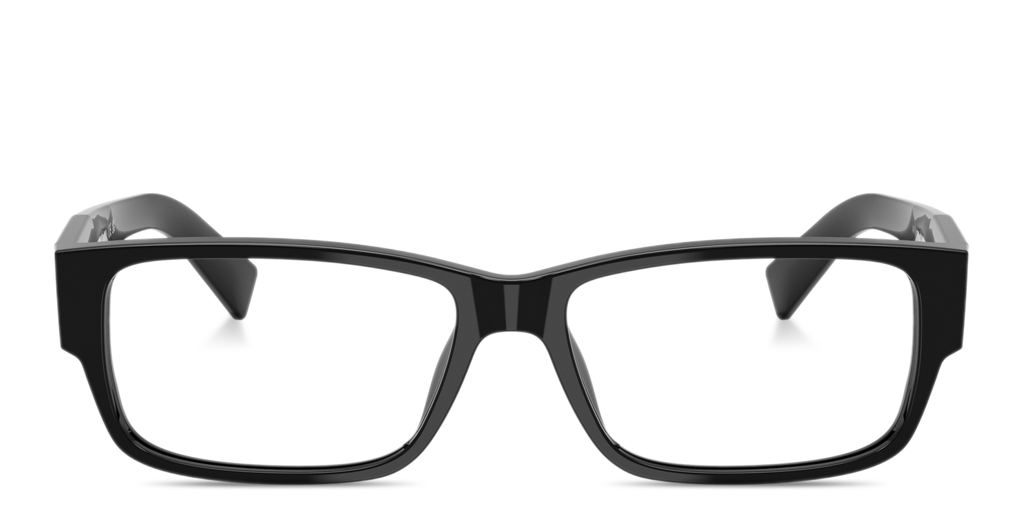 Shop PRADA Logo Lettering Wide Rectangle Eyeglasses in Black online.