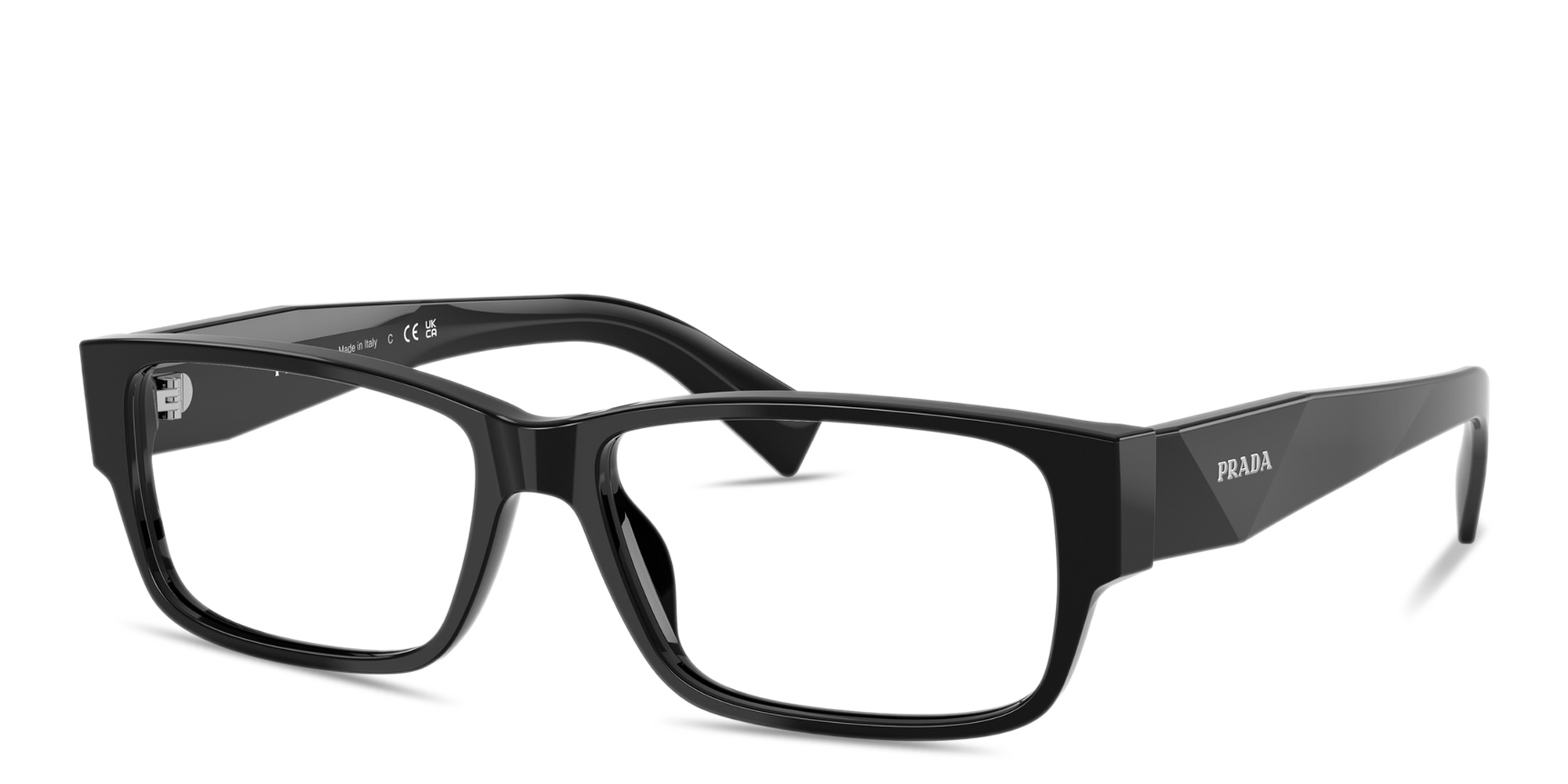 Shop PRADA Logo Lettering Wide Rectangle Eyeglasses in Black online.